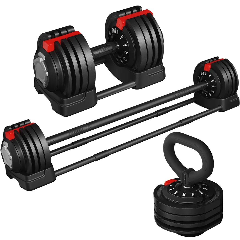 3-In-1 Quick-Adjustable Dumbbell Weight Set, Black, 46.41 Lb