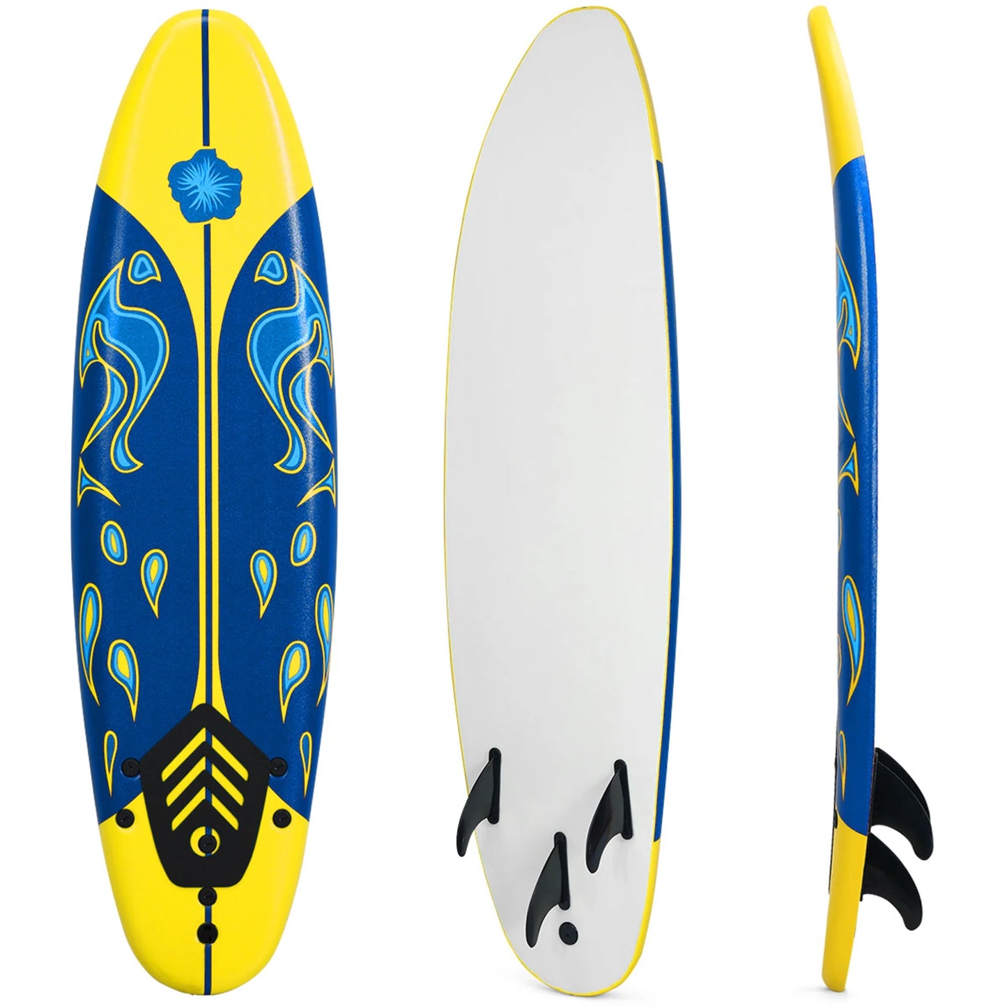 6Ft Surfing Body Board W/ 3 Removable Fins Safety Leash White