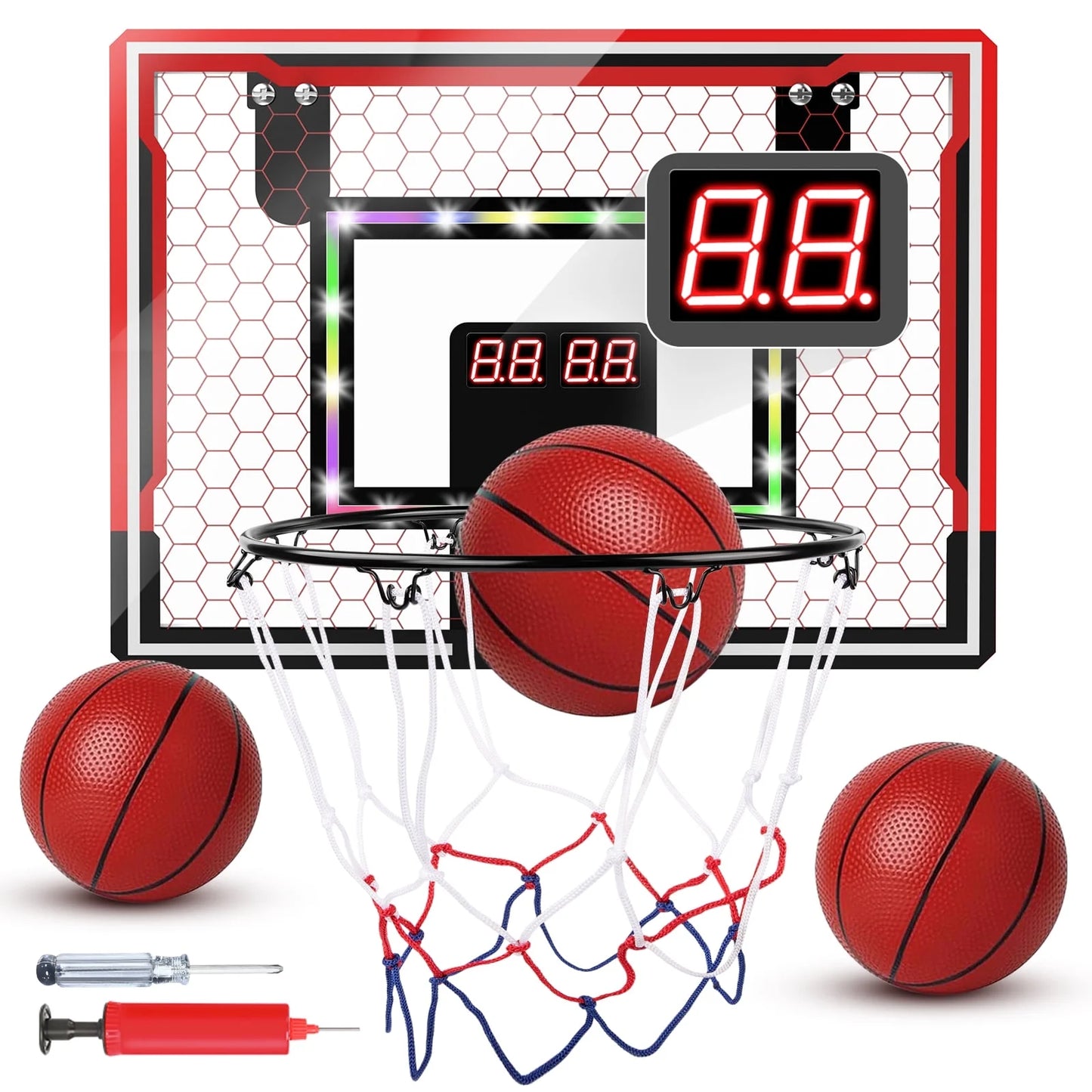 Basketball Hoop Indoor, LED Light Mini Basketball Hoops with 2 Balls & Electronic Scoreboard, over the Door Basketball Hoop, Basketball Accessories for 5 6 7 8 9 10 11 12 Year Old Kids Teen Adults