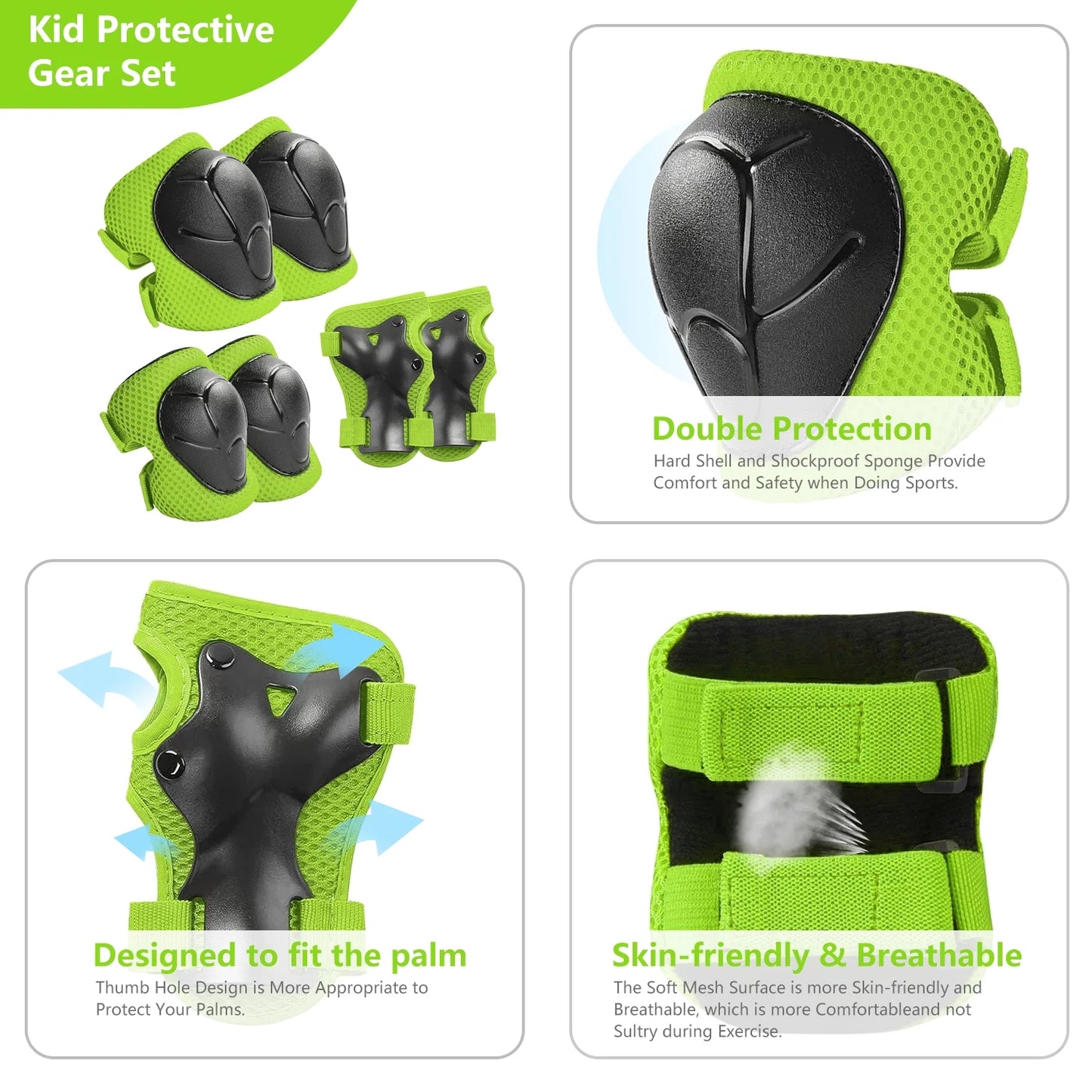 Kids Protective Gear Set, Knee Pads for Kids 2-8 Years Toddler, Knee and Elbow Pads with Wrist Guards for Skating Cycling Bike, Green