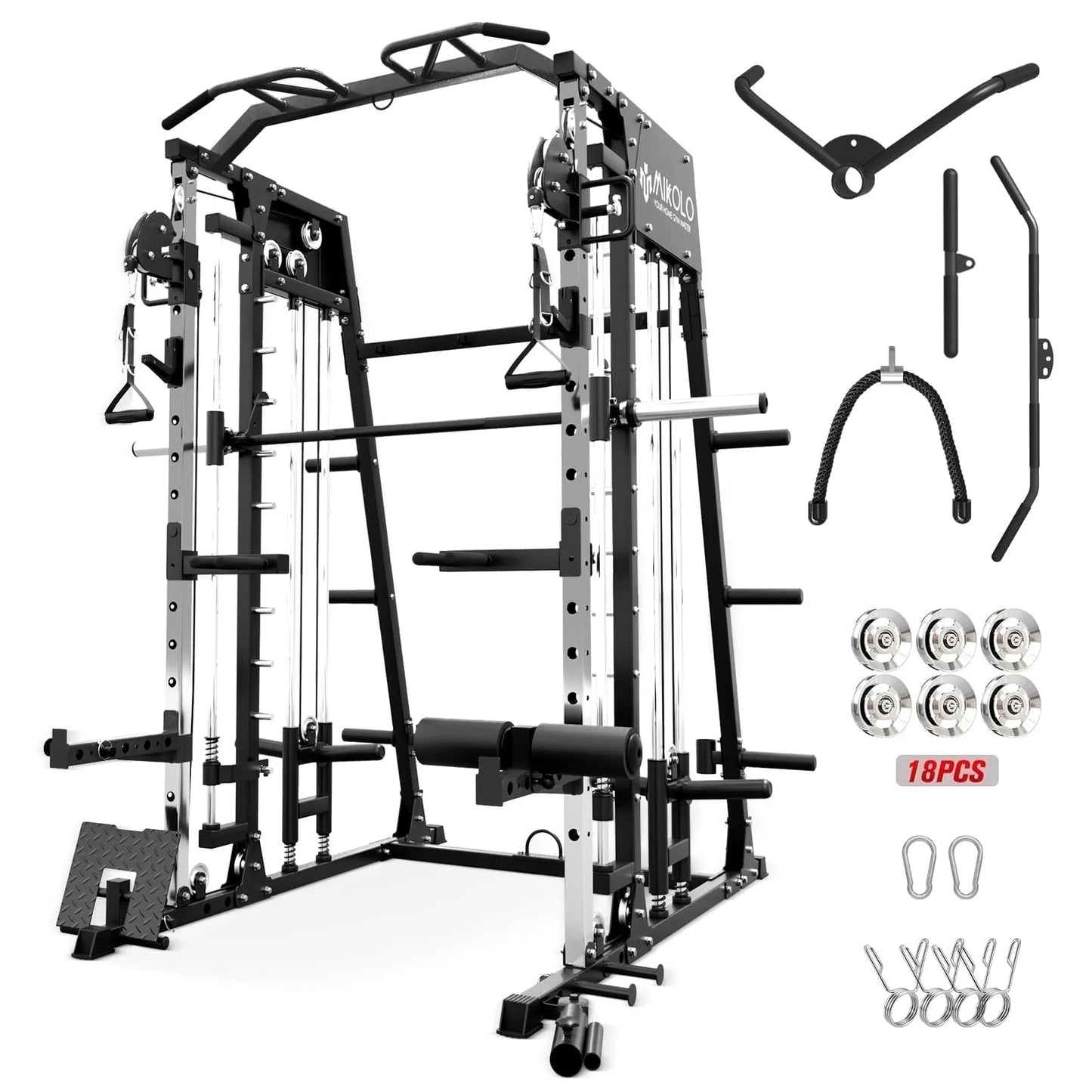 Smith Machine Home Gym, 2200 Lbs Power Rack Cage with Cable Crossover, Weight Bar, 360° Landmine, Barbell Holders and Other Attachments, Total Body Strength Training Cage