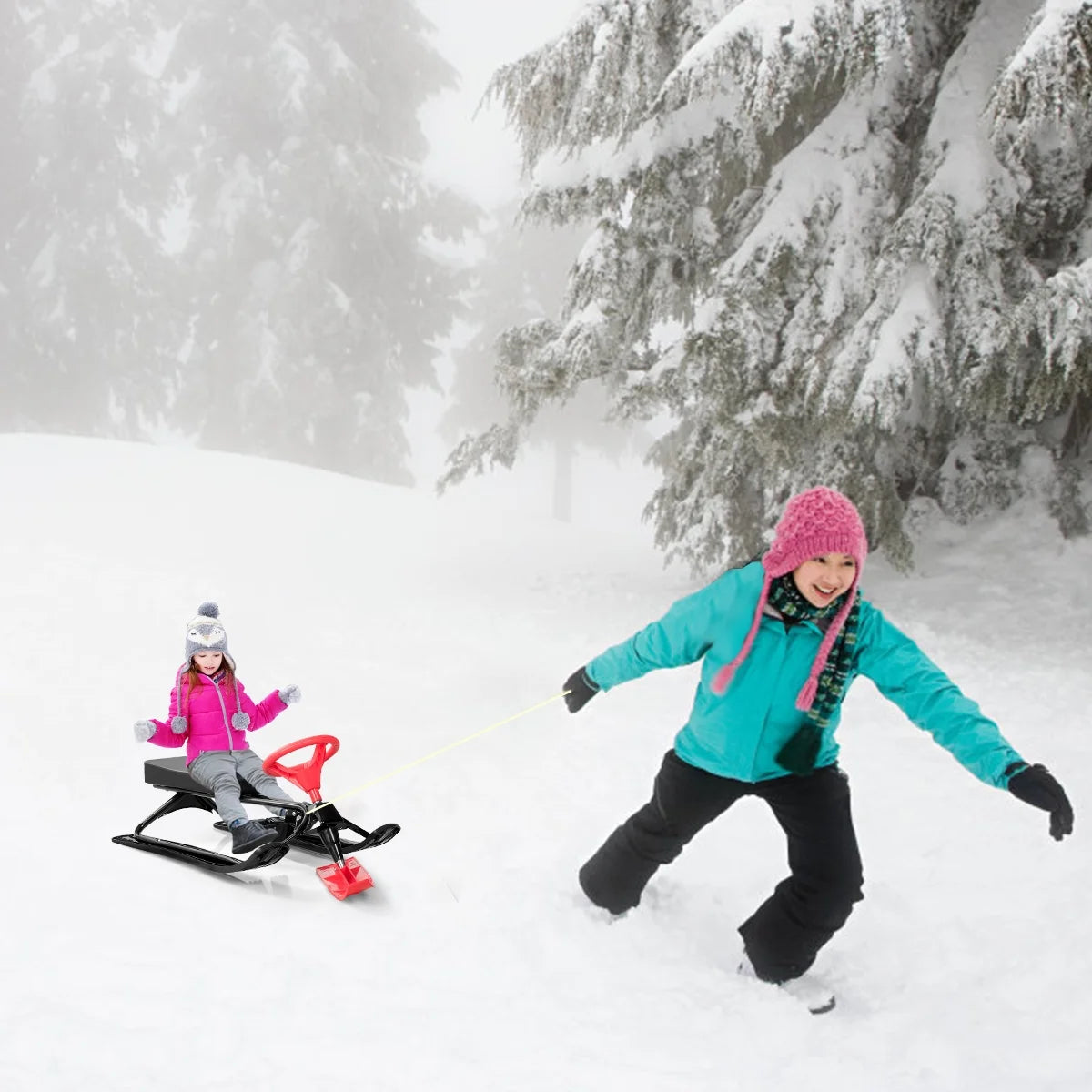 Metal Snow Racer Sled W/Steering Wheel and Brakes Kids Snow Sand Grass Sliding Black & Red