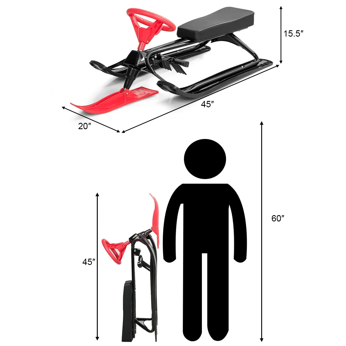 Metal Snow Racer Sled W/Steering Wheel and Brakes Kids Snow Sand Grass Sliding Black & Red