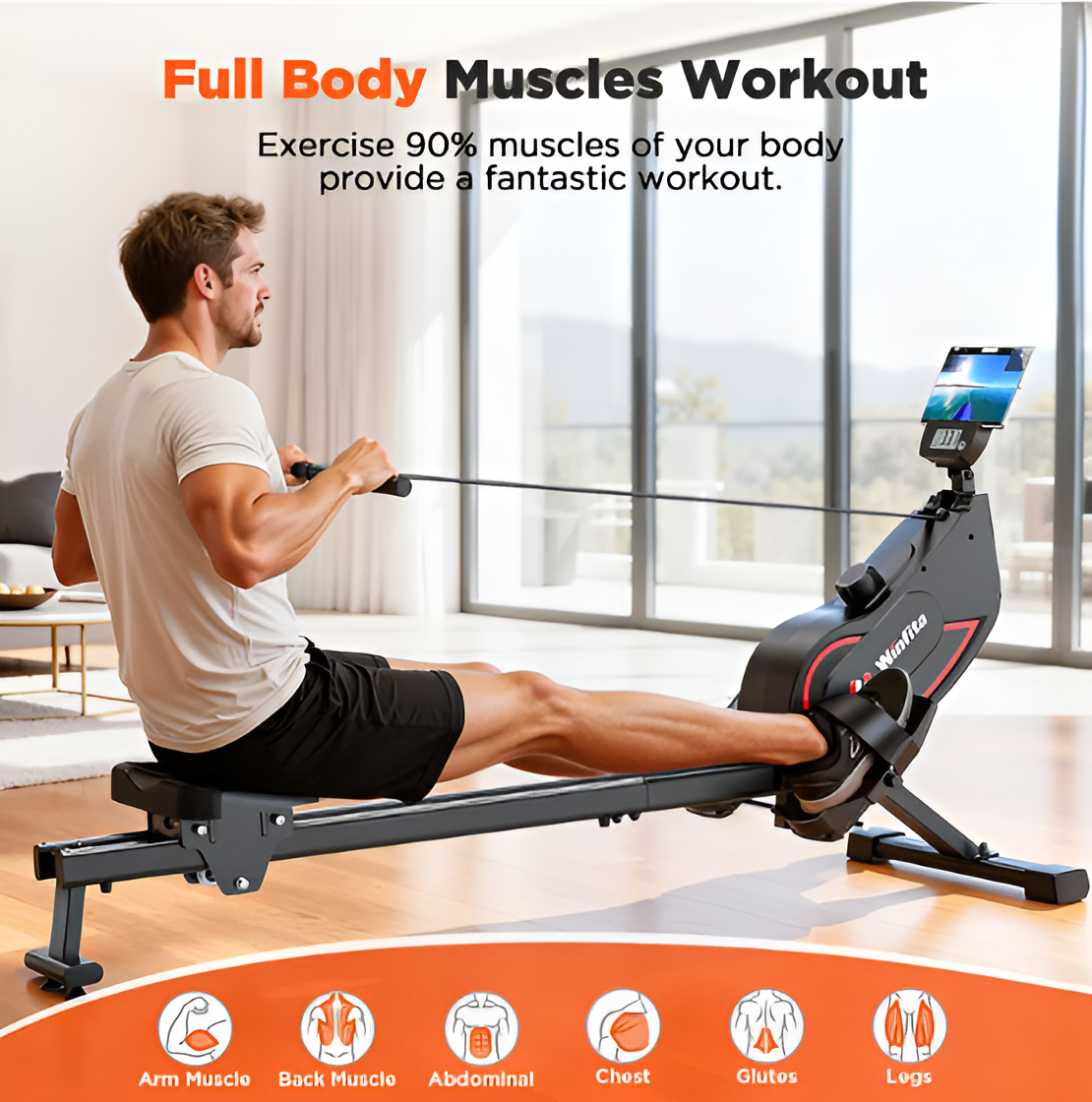 16 Levels Magnetic Rowing Machine for Home – 350LBS Capacity, Foldable with LCD Monitor & Bluetooth