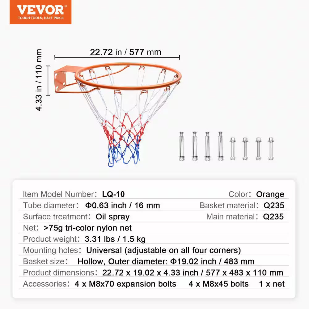 18 In. Basketball Rim Q235 Basketball Flex Rim Goal Replacement Standard Indoor Outdoor Hanging Hoop