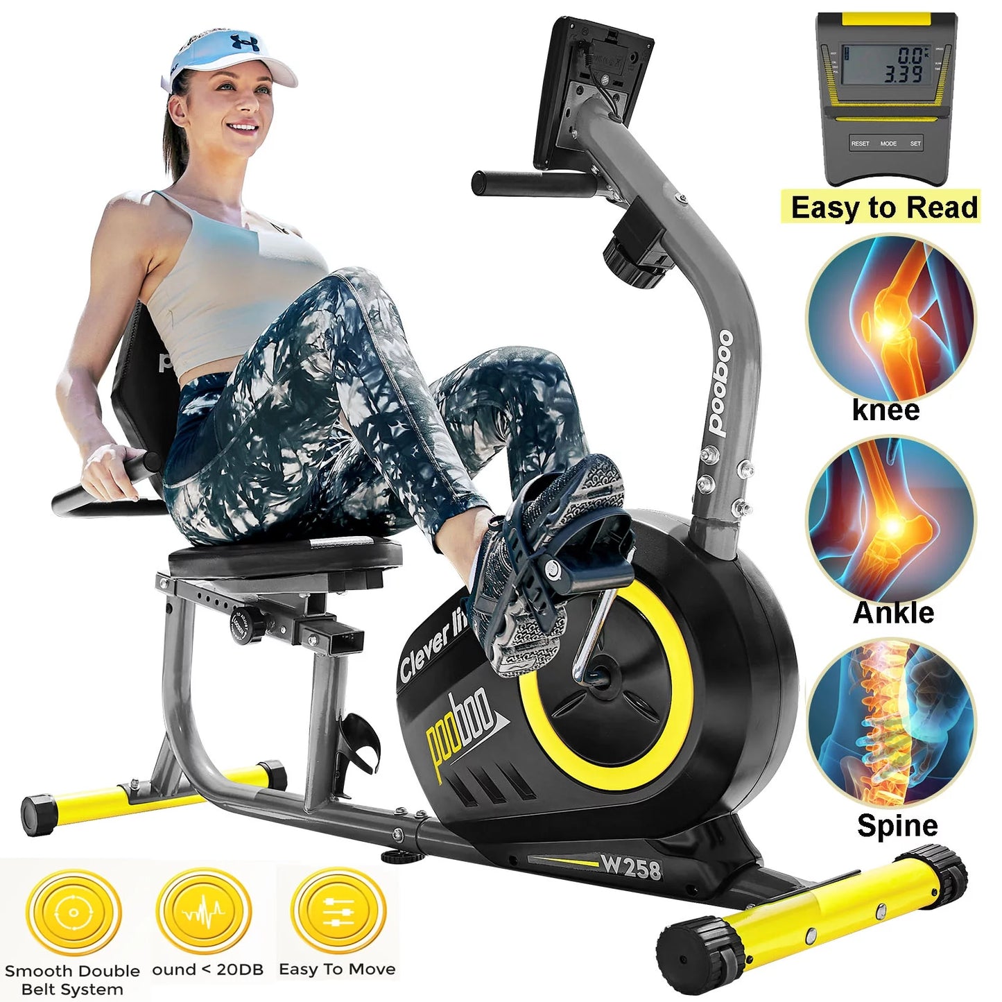 Recumbent Exercise Bikes Sit down Stationary Bicycle Magnetic Resistance Indoor Cycling Bike 380Lb Yellow