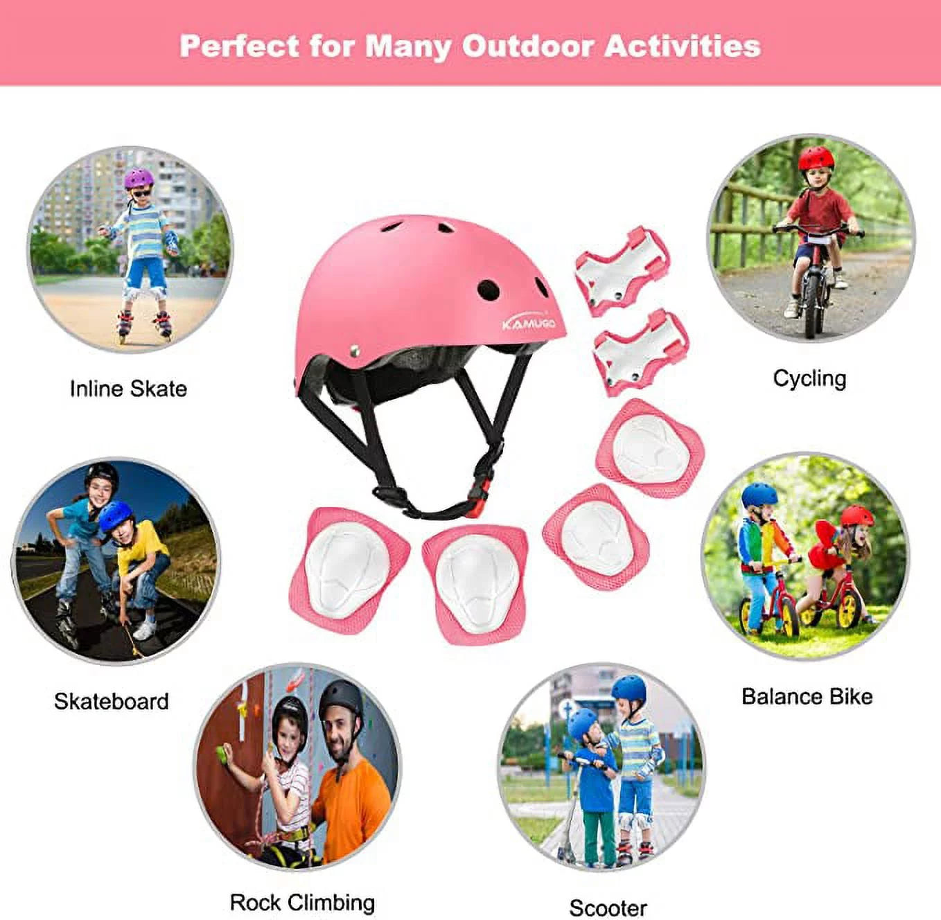 Kids Bike Helmet and Knee Pads 7Pcs ,Helmets for Kids Adjustable for 2~8 Years Girl , Pink