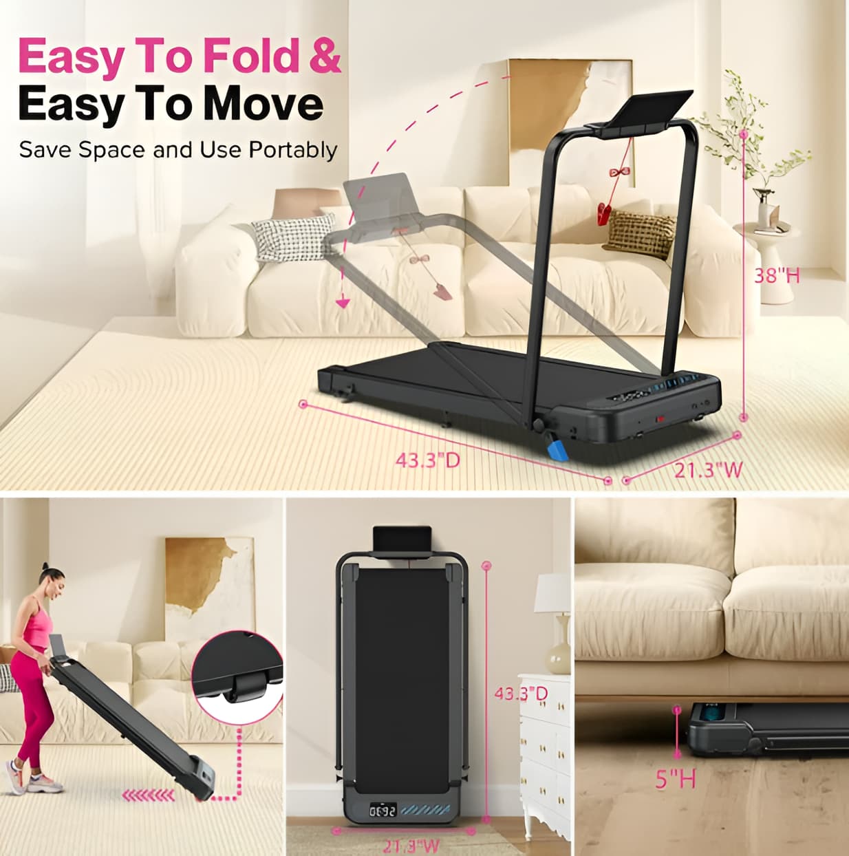2-in-1 Walking Pad Treadmill with Handle Bar - 320 lbs, 10% Incline