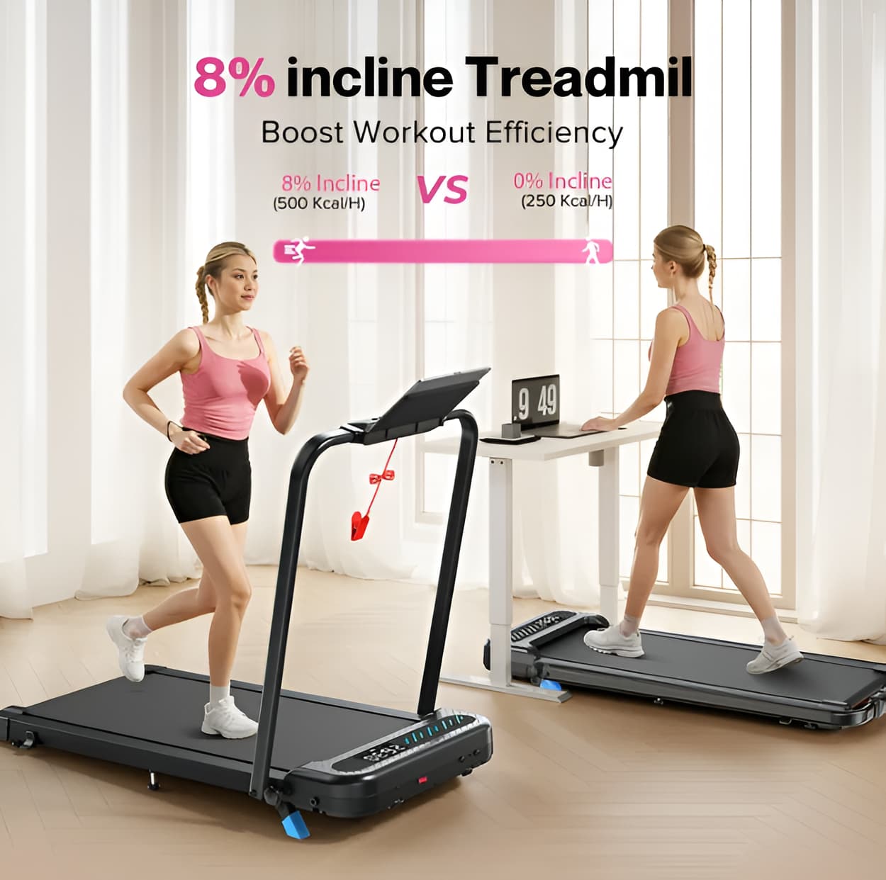 2-in-1 Walking Pad Treadmill with Handle Bar - 320 lbs, 10% Incline