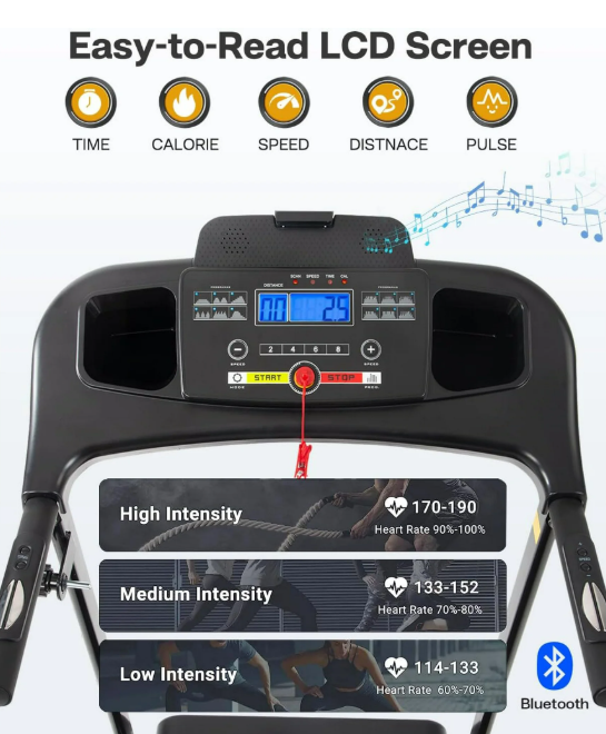Foldable Treadmill with Incline and Bluetooth - 2.5HP Electric for Home Gym