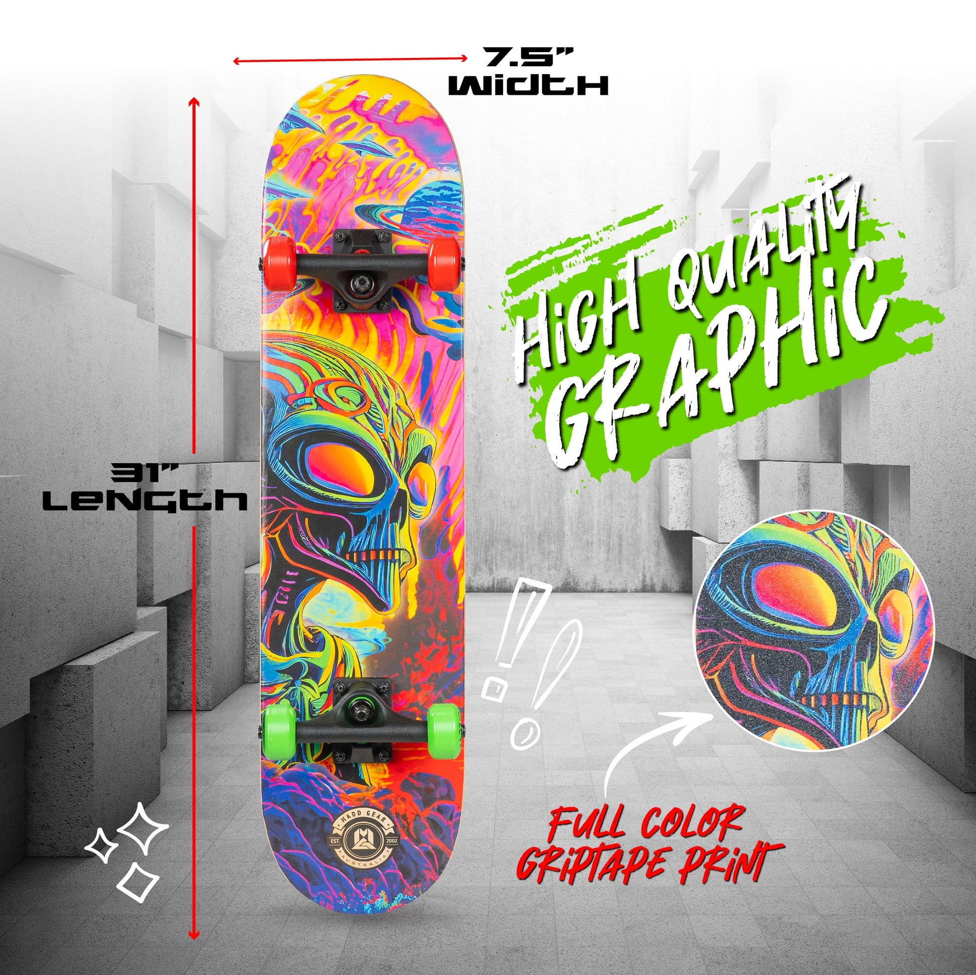 31 X 7.5 Inch Double Kicktail Beginner Complete Skateboard 9 Ply Maple Deck 50Mm Wheels