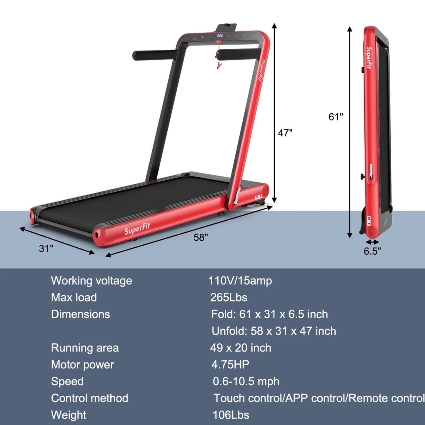 2 in 1 Folding Treadmill 4.75HP Running Machine W/ APP & Remote Control Red