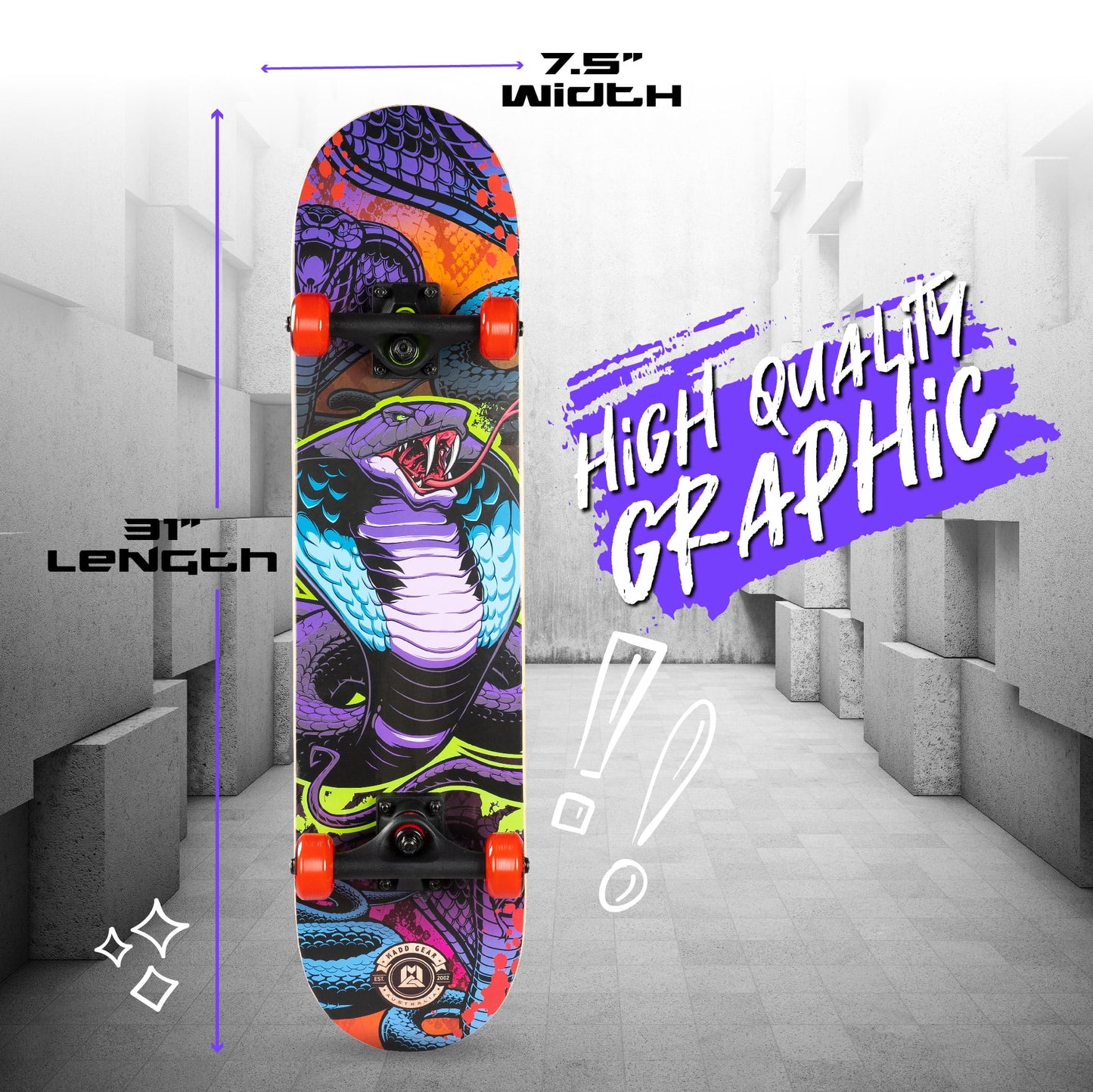 31 X 7 Inch Double Kicktail Beginner Complete Skateboard with Maple Deck