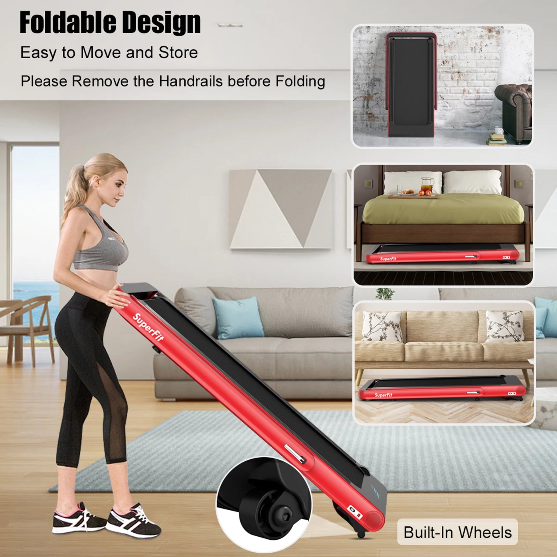 2 in 1 Folding Treadmill 4.75HP Running Machine W/ APP & Remote Control Red