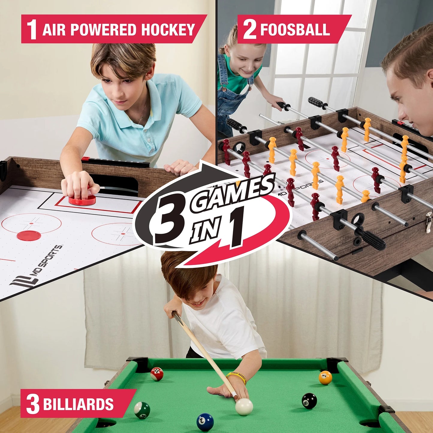 MD Sports 48" Combo Air Powered Hockey, Foosball, and Billiard Game Table