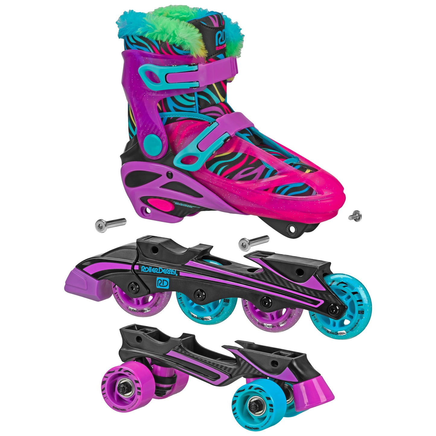 Sprinter Girl'S Youth 2-In-1 Quad Roller and Inline Skates Combo, Neon Zebra (Size 3-6)