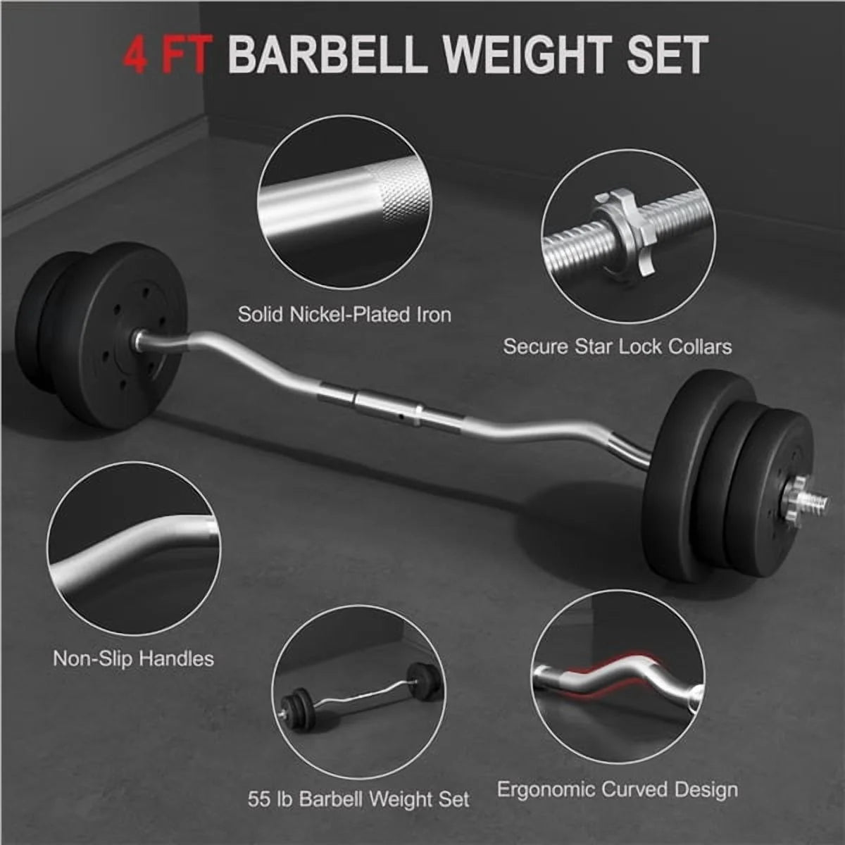 55 Lb Olympic Barbell Weight Set for Gym Lifting Exercise Workout, Black