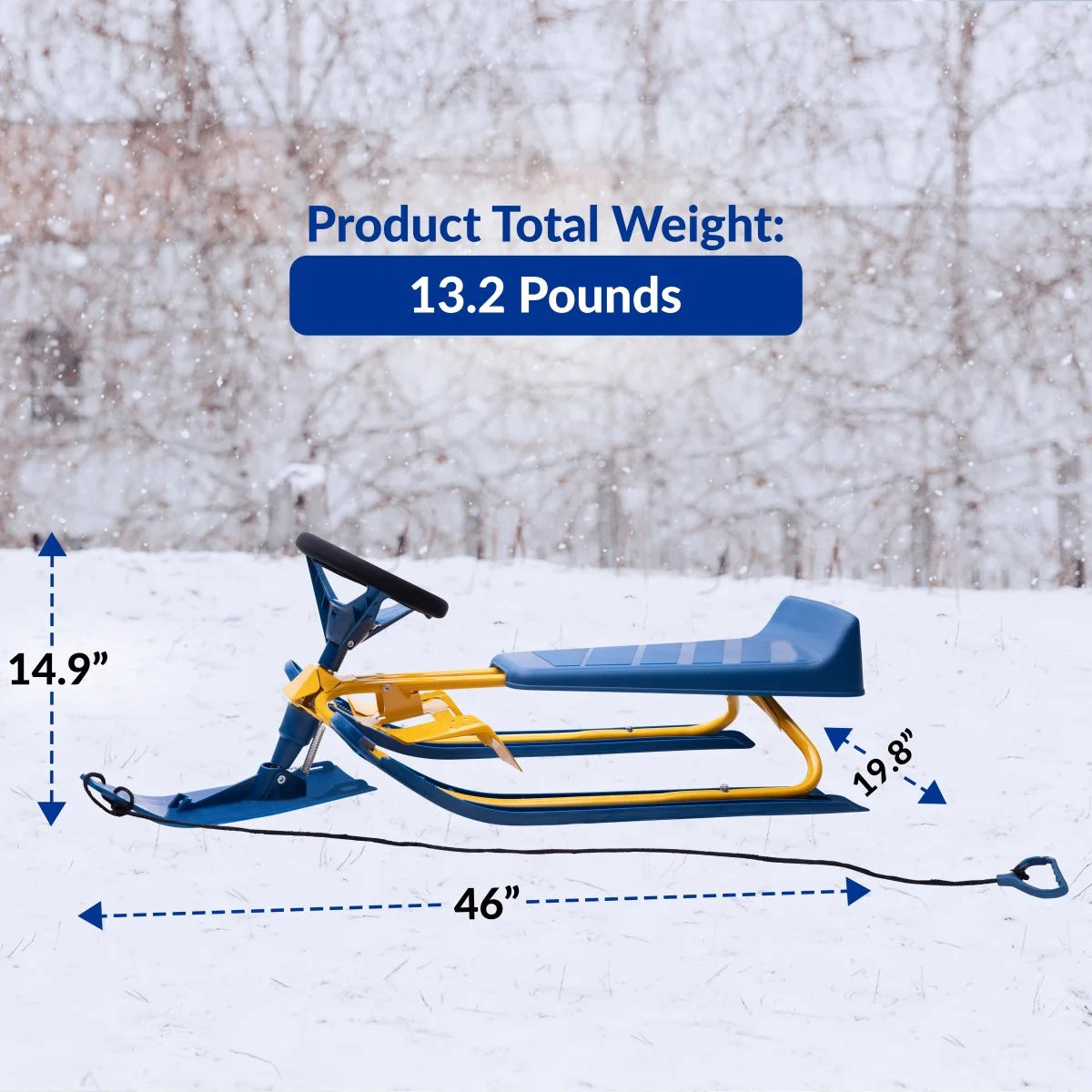 Machrus  Snow Sled with Padded Steering Wheel, Twin Brakes & Pull Rope - Winter Racer Snow Sled for Kids and Adults for Sledding