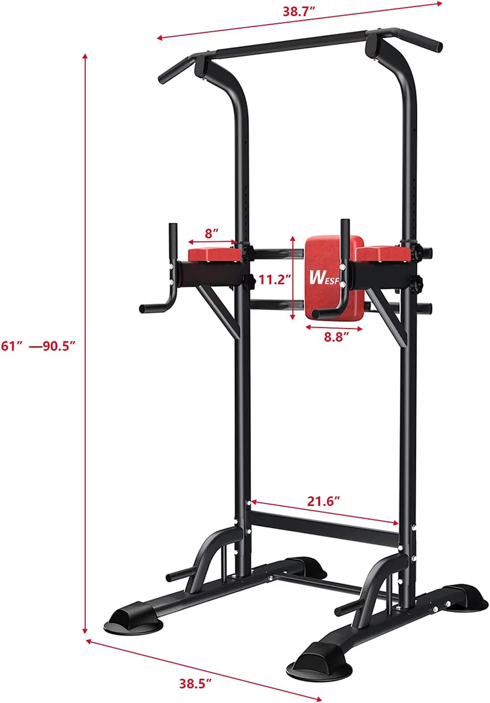 ZENOVA Power Tower Dip Station, Pull up Bar Stand Height Adjustable Strength Training Equipment for Fitness Home Workout, Red/Black