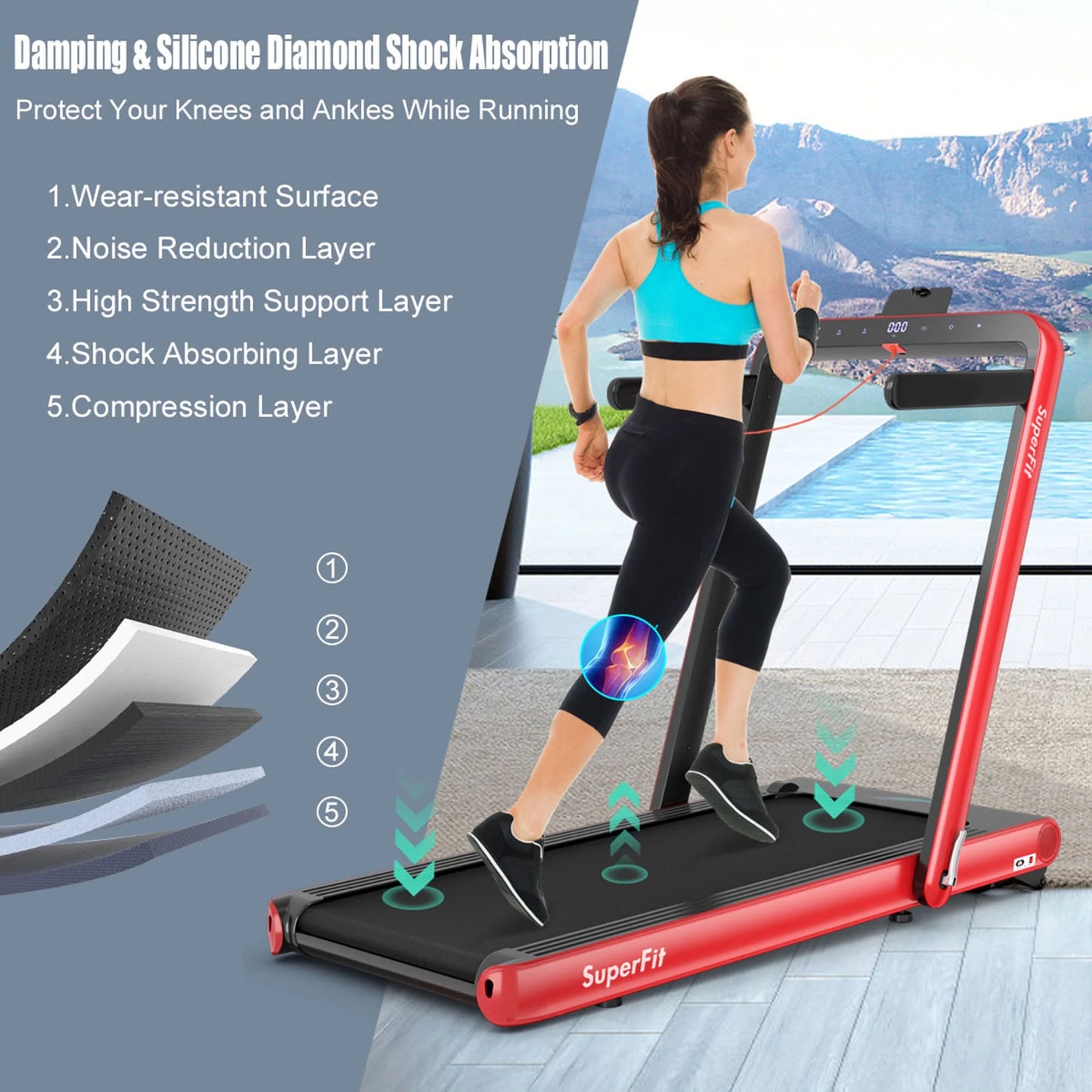 2 in 1 Folding Treadmill 4.75HP Running Machine W/ APP & Remote Control Red