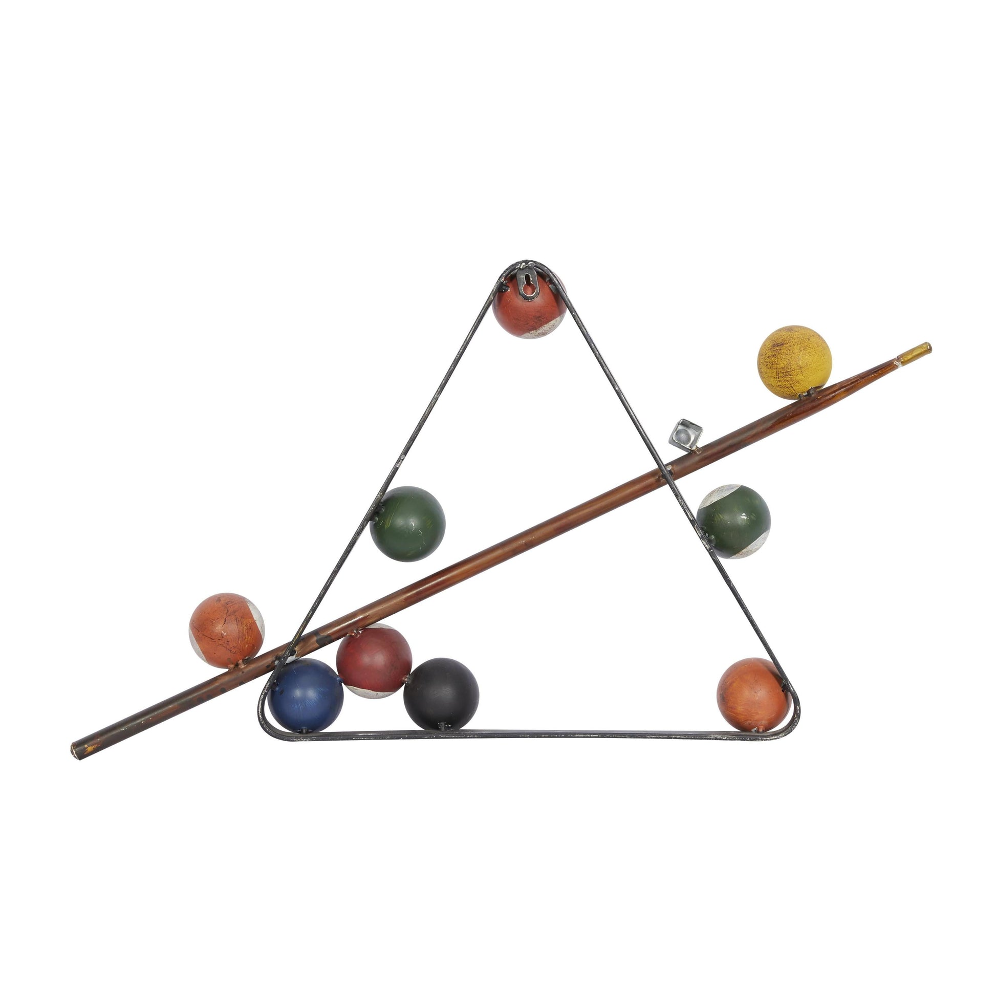 Eclectic Metal Multi Colored Billiard Set with Billiard Balls, Triangle Rack and Cue Stick Wall Décor, 30"W X 15"H