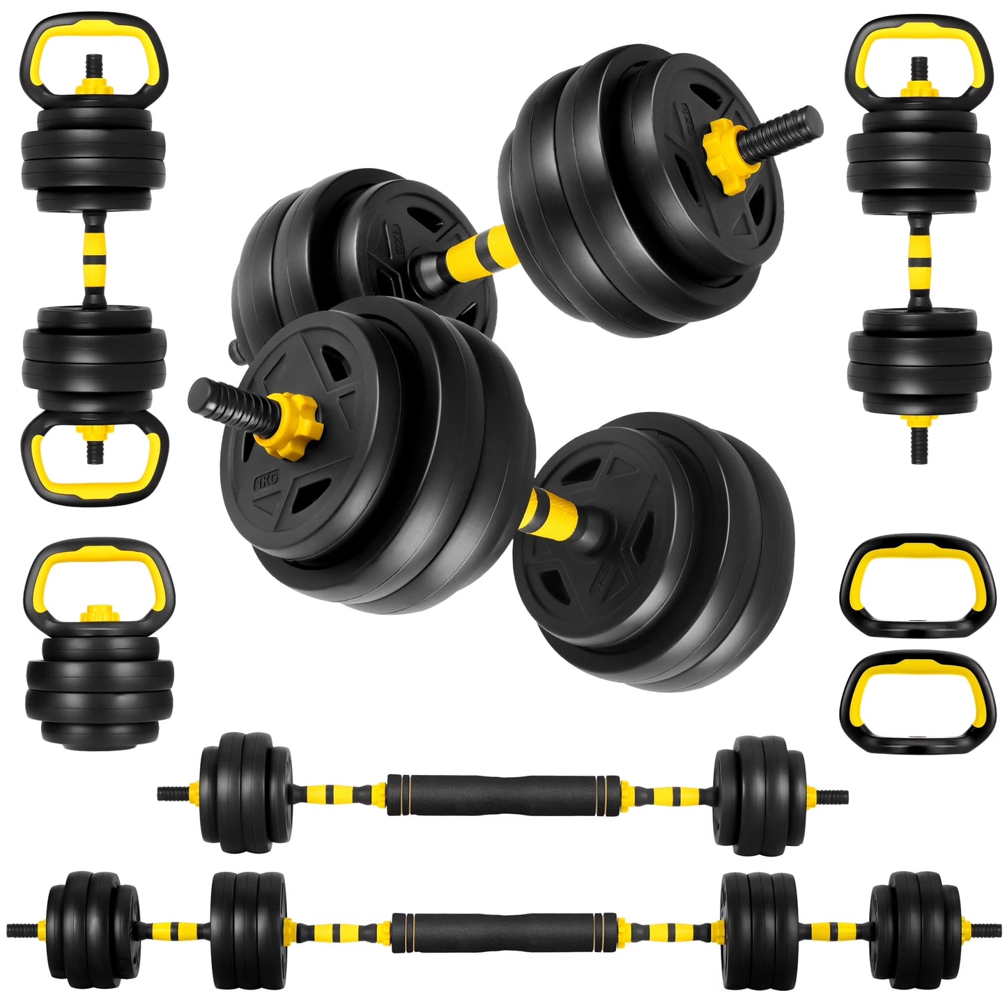 66 Lbs Adjustable Weight Dumbbell Barbell Set, 4-In-1 Free Weight Combination with Curved Bar Connector for Women Men Workout Fitness, Yellow