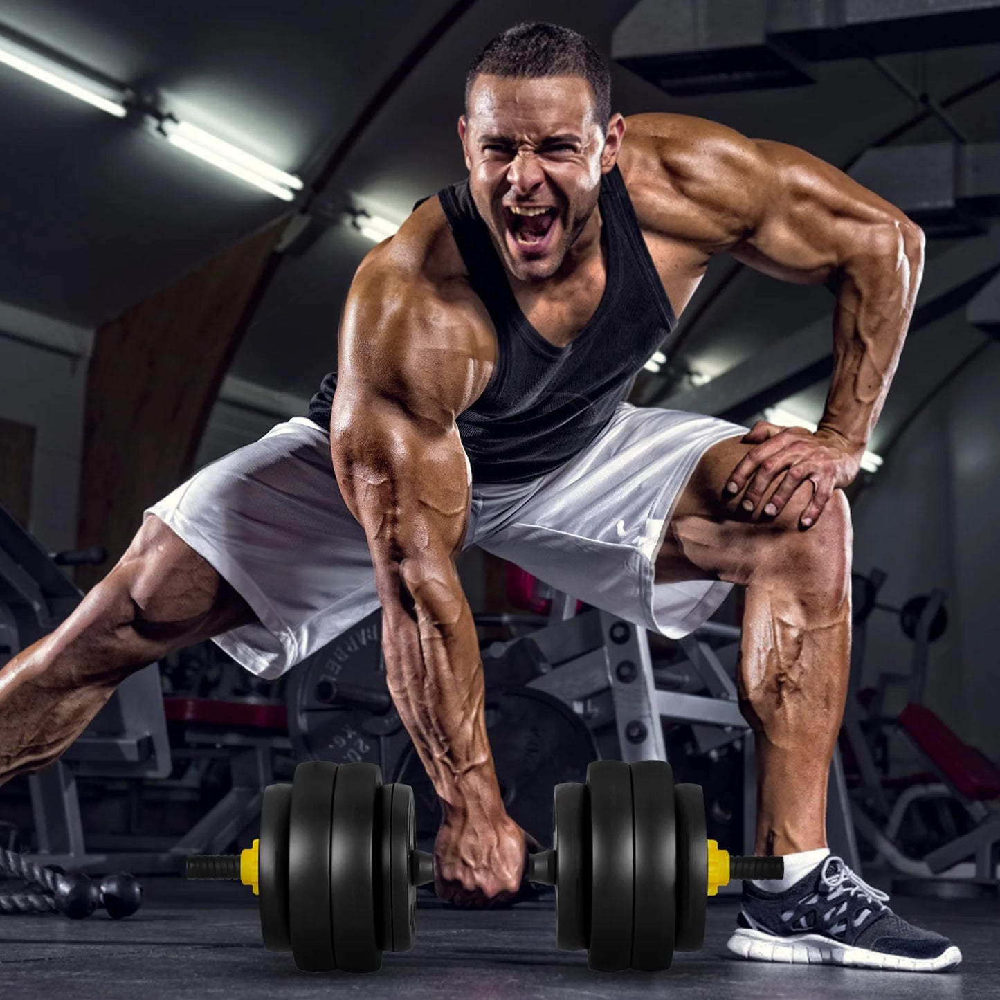 66 Lbs Adjustable Weight Dumbbell Barbell Set, 4-In-1 Free Weight Combination with Curved Bar Connector for Women Men Workout Fitness, Yellow