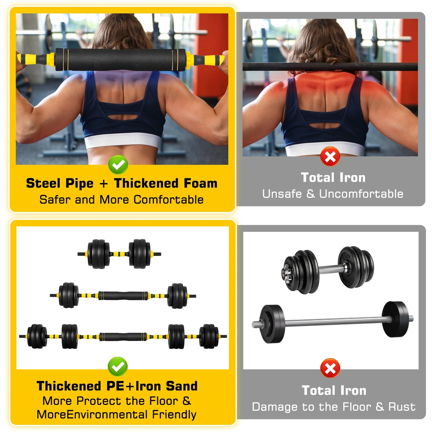 66 Lbs Adjustable Weight Dumbbell Barbell Set, 4-In-1 Free Weight Combination with Curved Bar Connector for Women Men Workout Fitness, Yellow