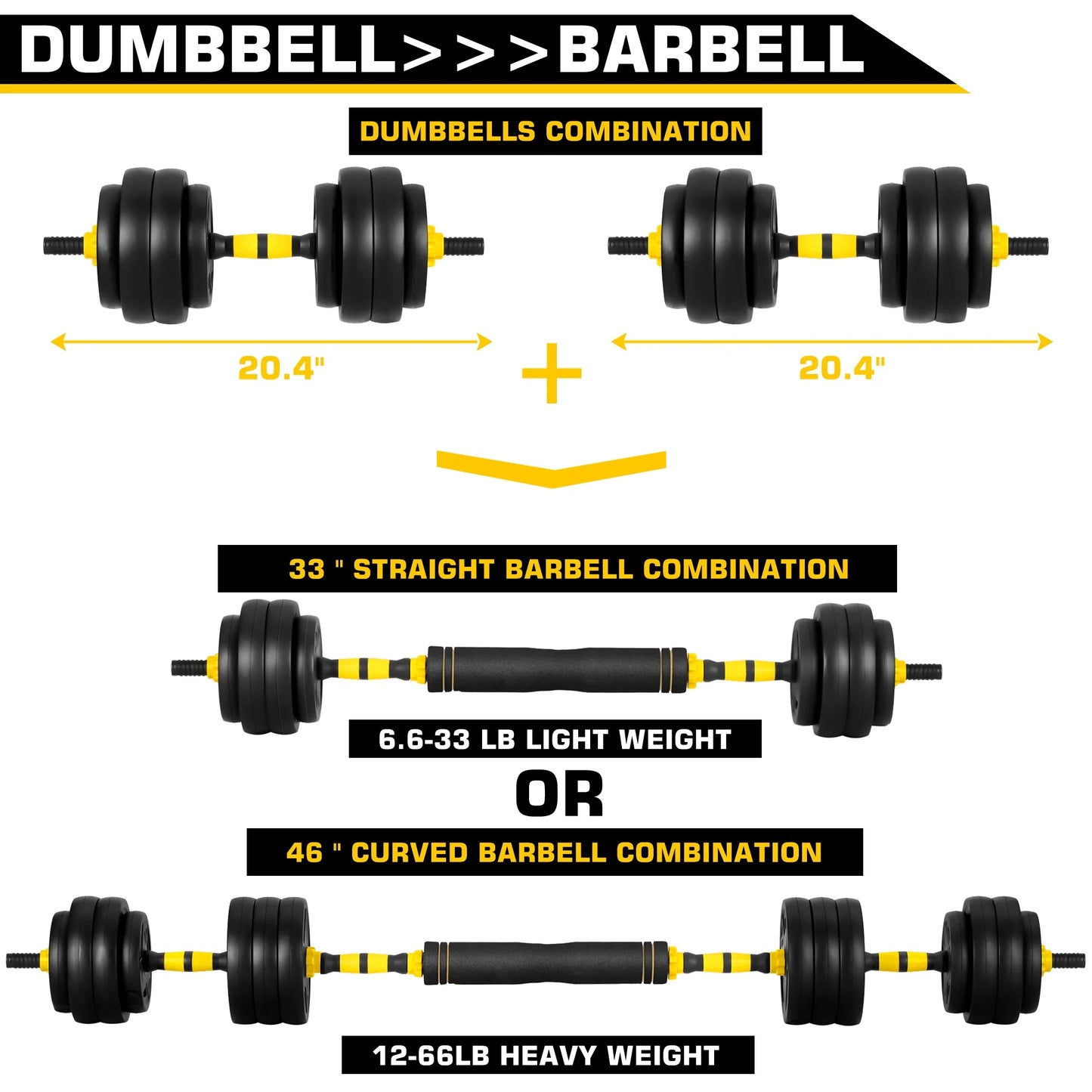 66 Lbs Adjustable Weight Dumbbell Barbell Set, 4-In-1 Free Weight Combination with Curved Bar Connector for Women Men Workout Fitness, Yellow