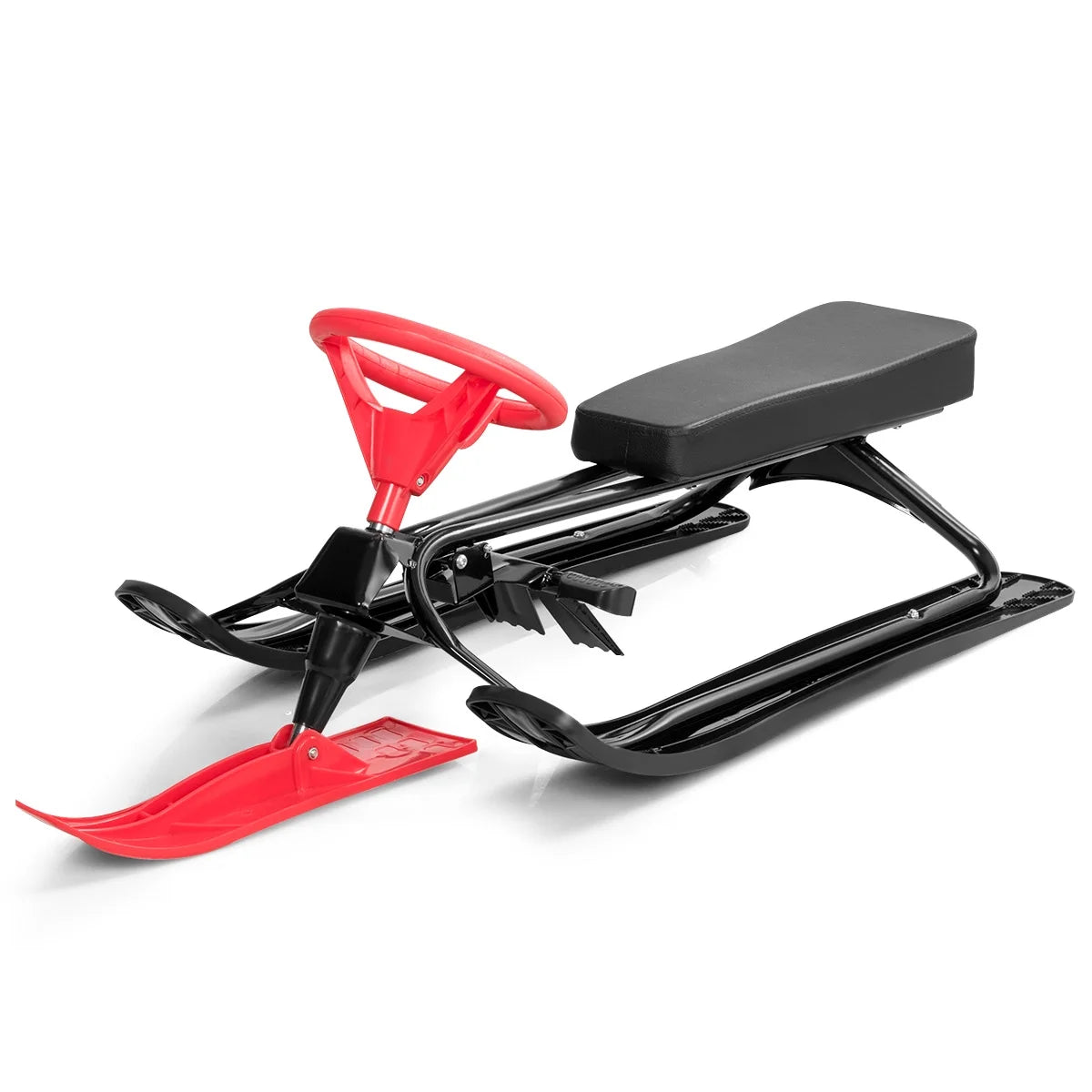 Metal Snow Racer Sled W/Steering Wheel and Brakes Kids Snow Sand Grass Sliding Black & Red