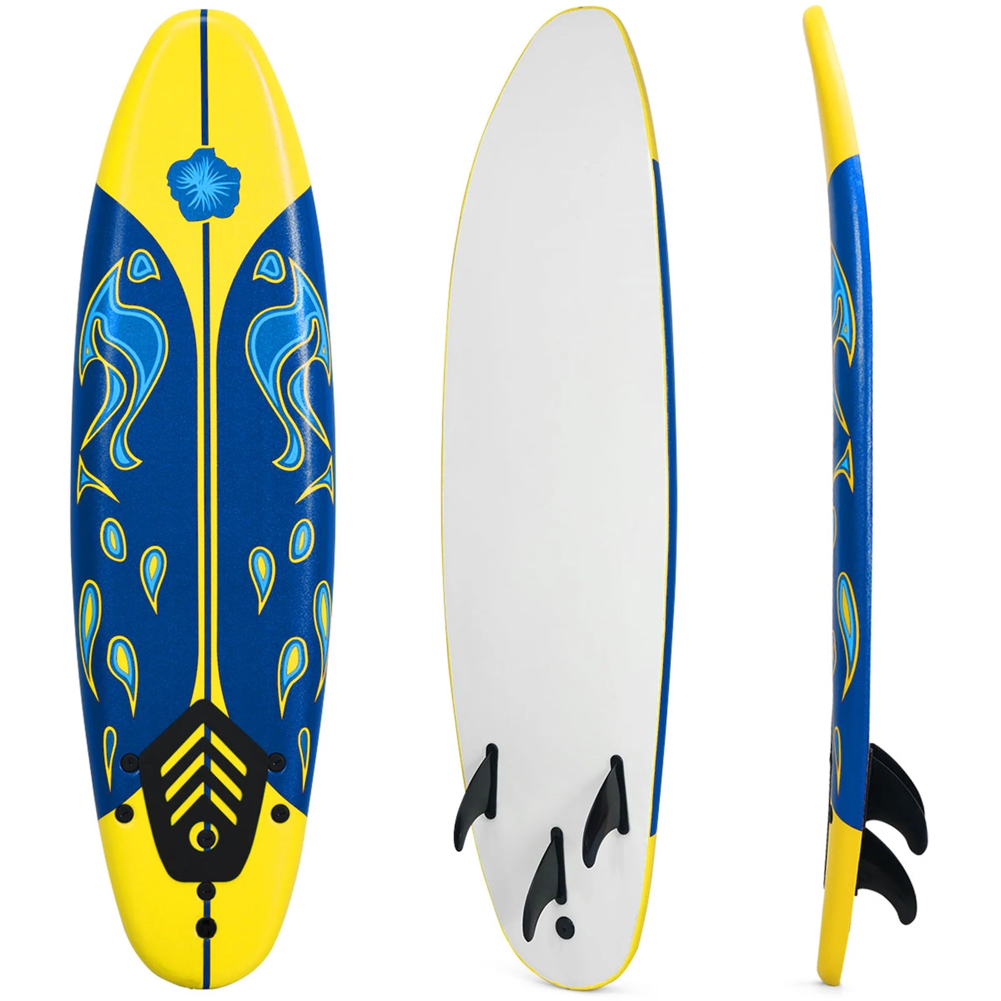 6Ft Surfing Body Board W/ 3 Removable Fins Safety Leash White