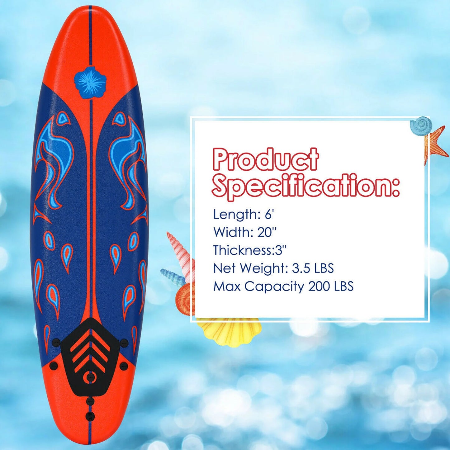6' Surfboard Foamie Body Surfing Board W/3 Fins & Leash for Kids Adults Red