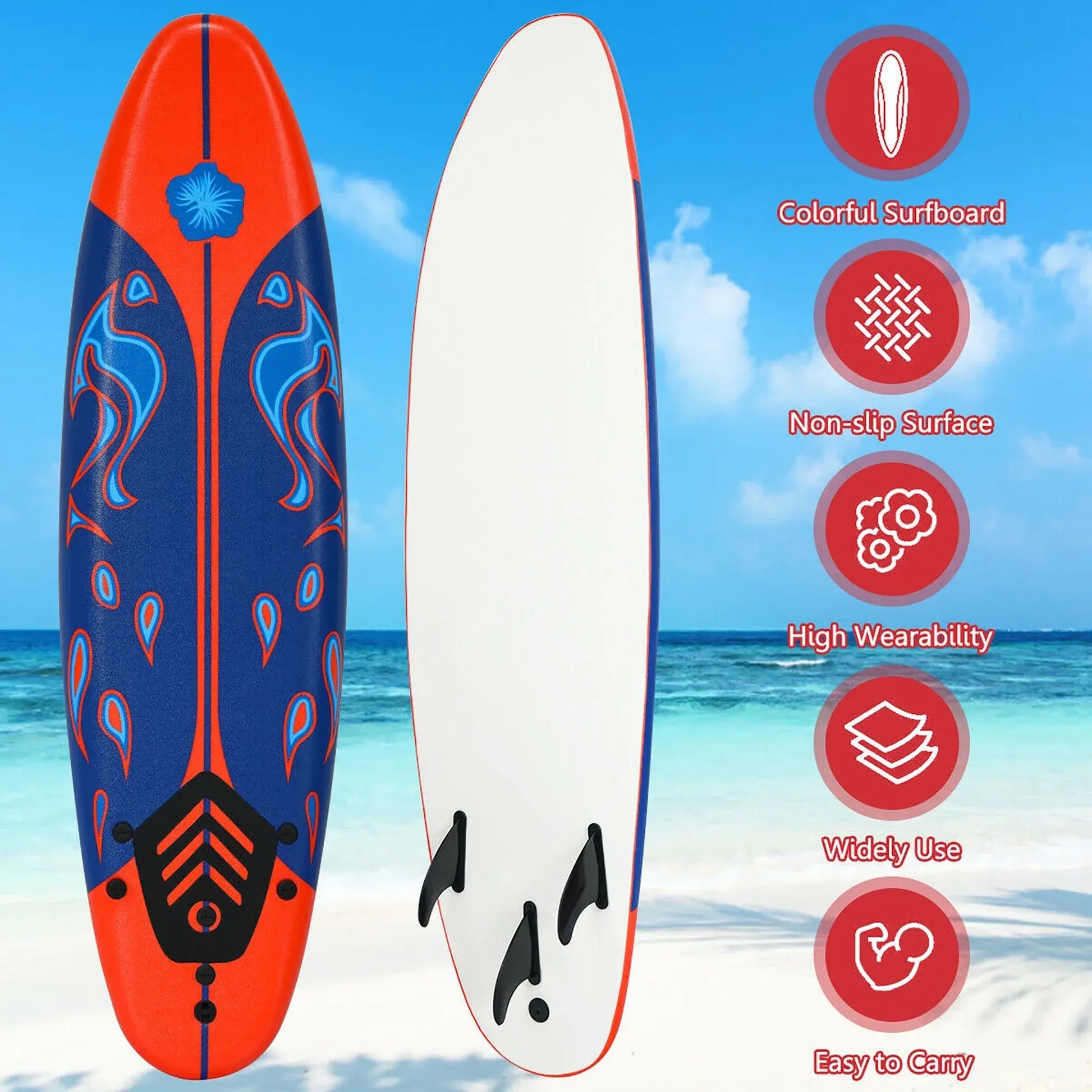 6 Ft Foam Surfboard with 3 Fins and Leash