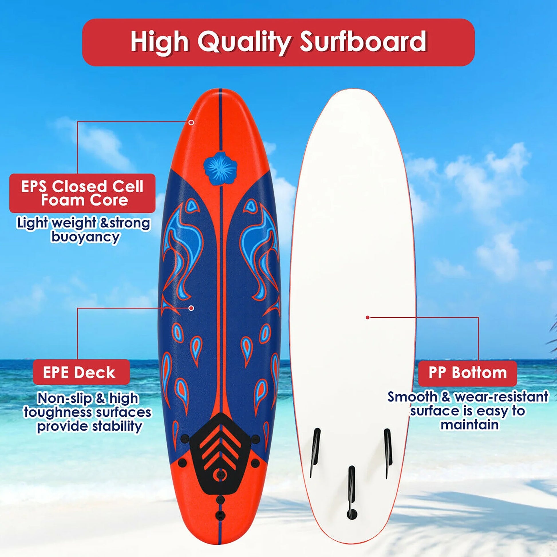 6' Surfboard Foamie Body Surfing Board W/3 Fins & Leash for Kids Adults Red