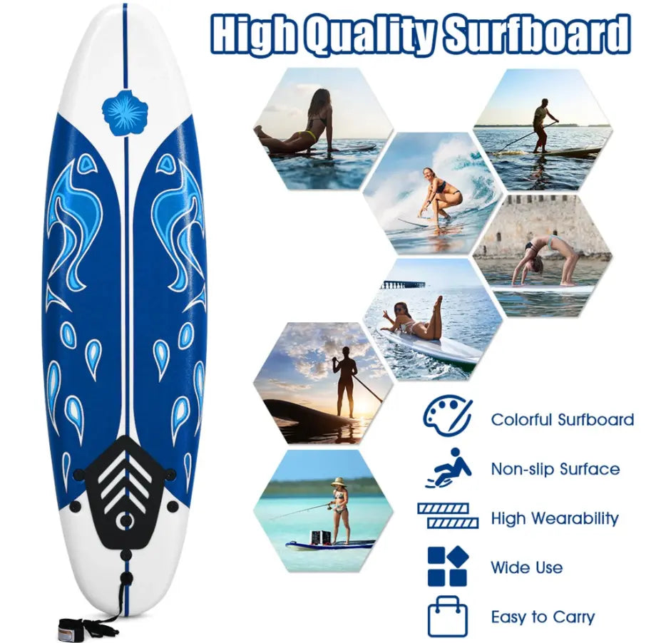6 ft Surfboard with 3 Removable Fins and Safety Leash