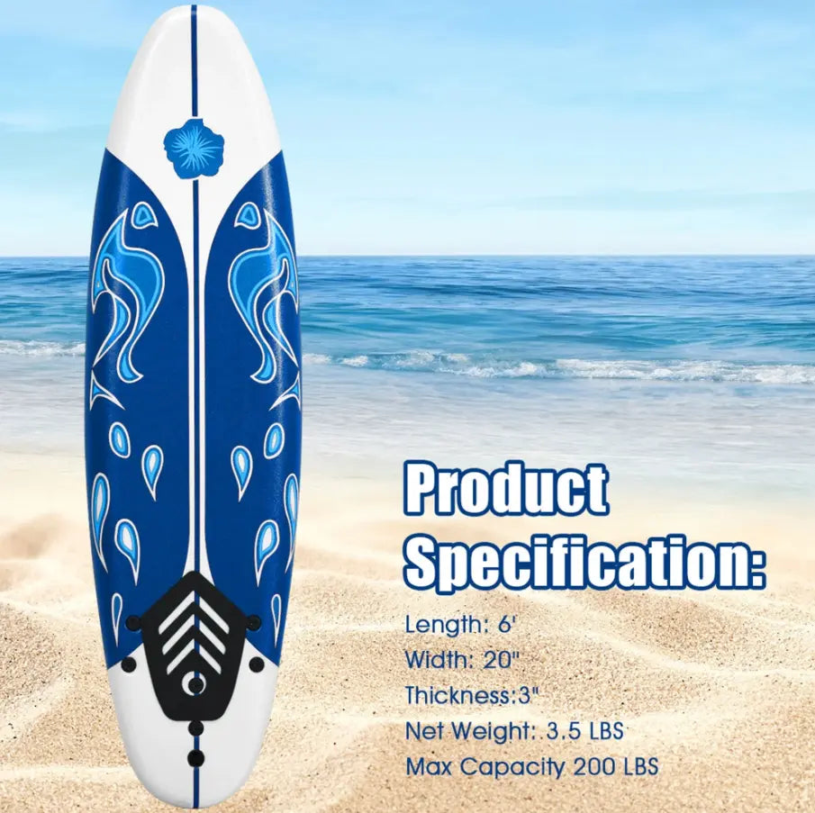 6 ft Surfboard with 3 Removable Fins and Safety Leash