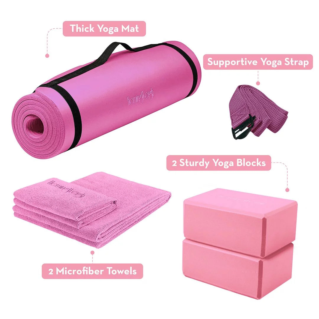 Polyester 72" Assembled Length Yoga Mat with Non-Slip Blocks, Strap, Towels, Pink