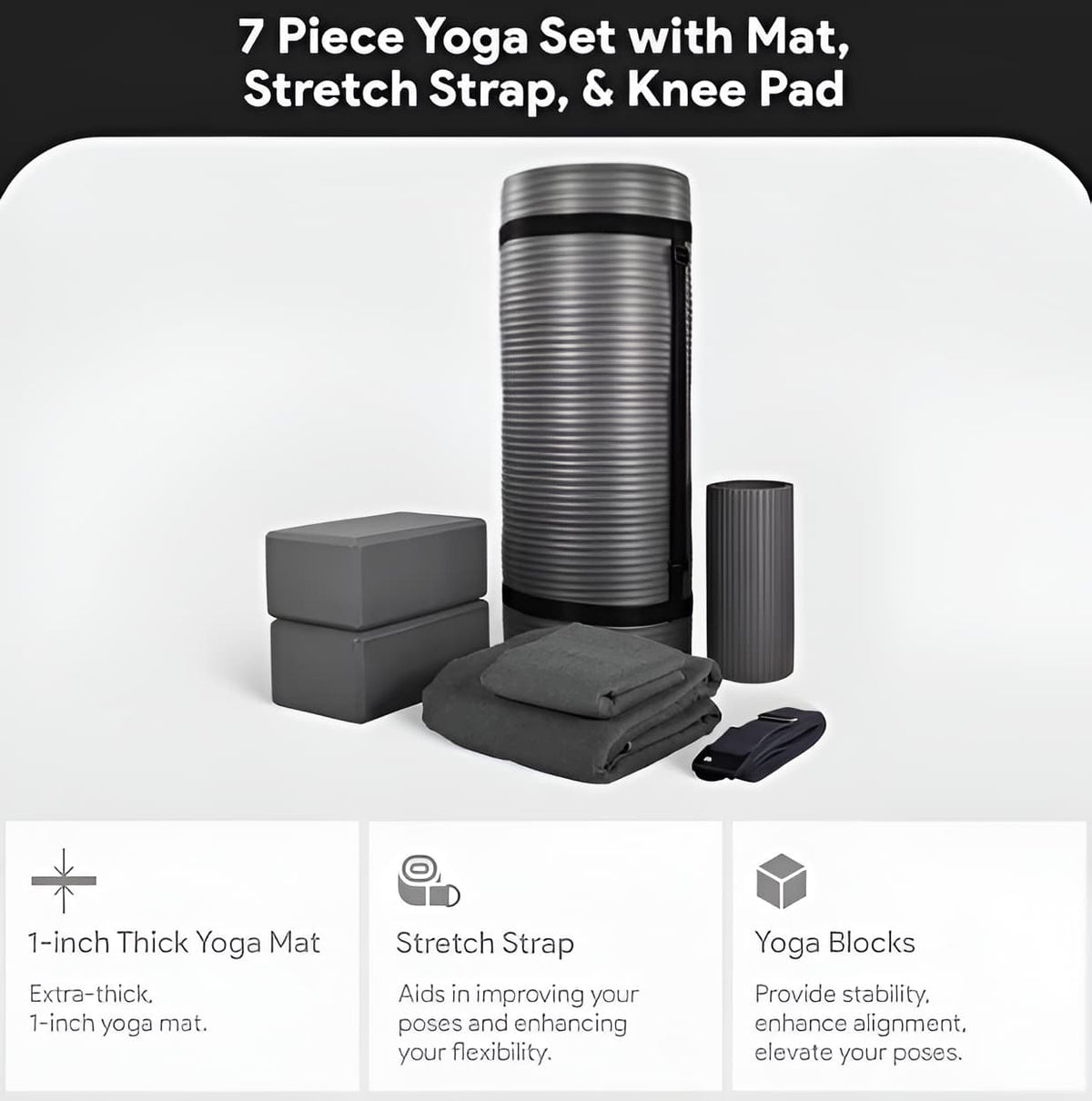 7-Piece Yoga Set with Extra Thick Mat, 2 Blocks, Strap, Towels & Knee Pad