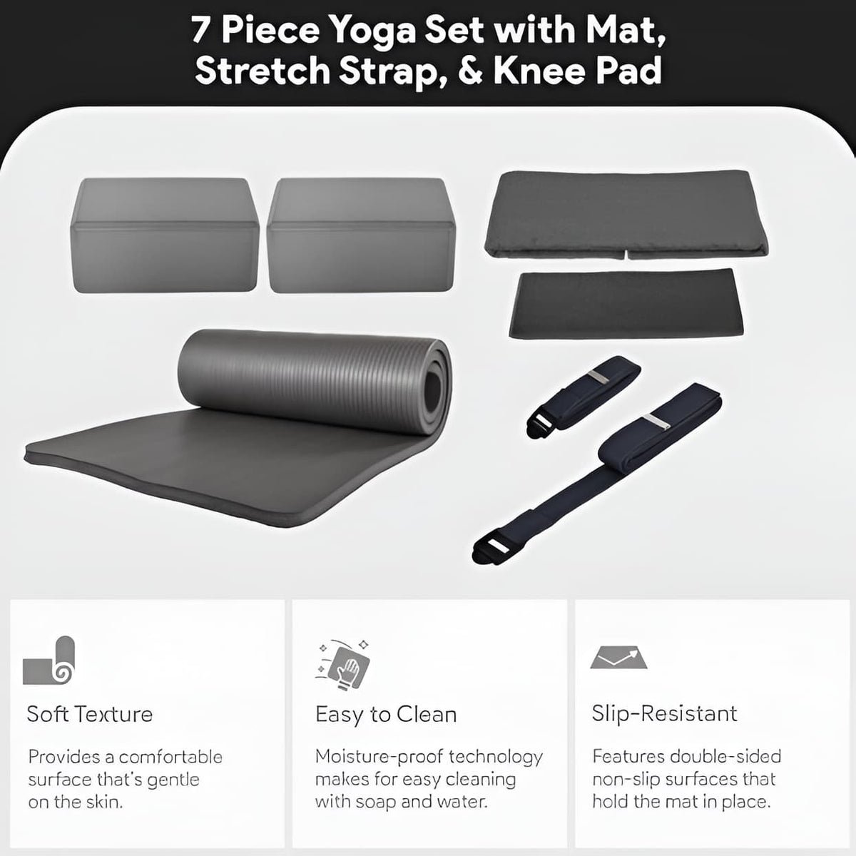 7-Piece Yoga Set with Extra Thick Mat, 2 Blocks, Strap, Towels & Knee Pad