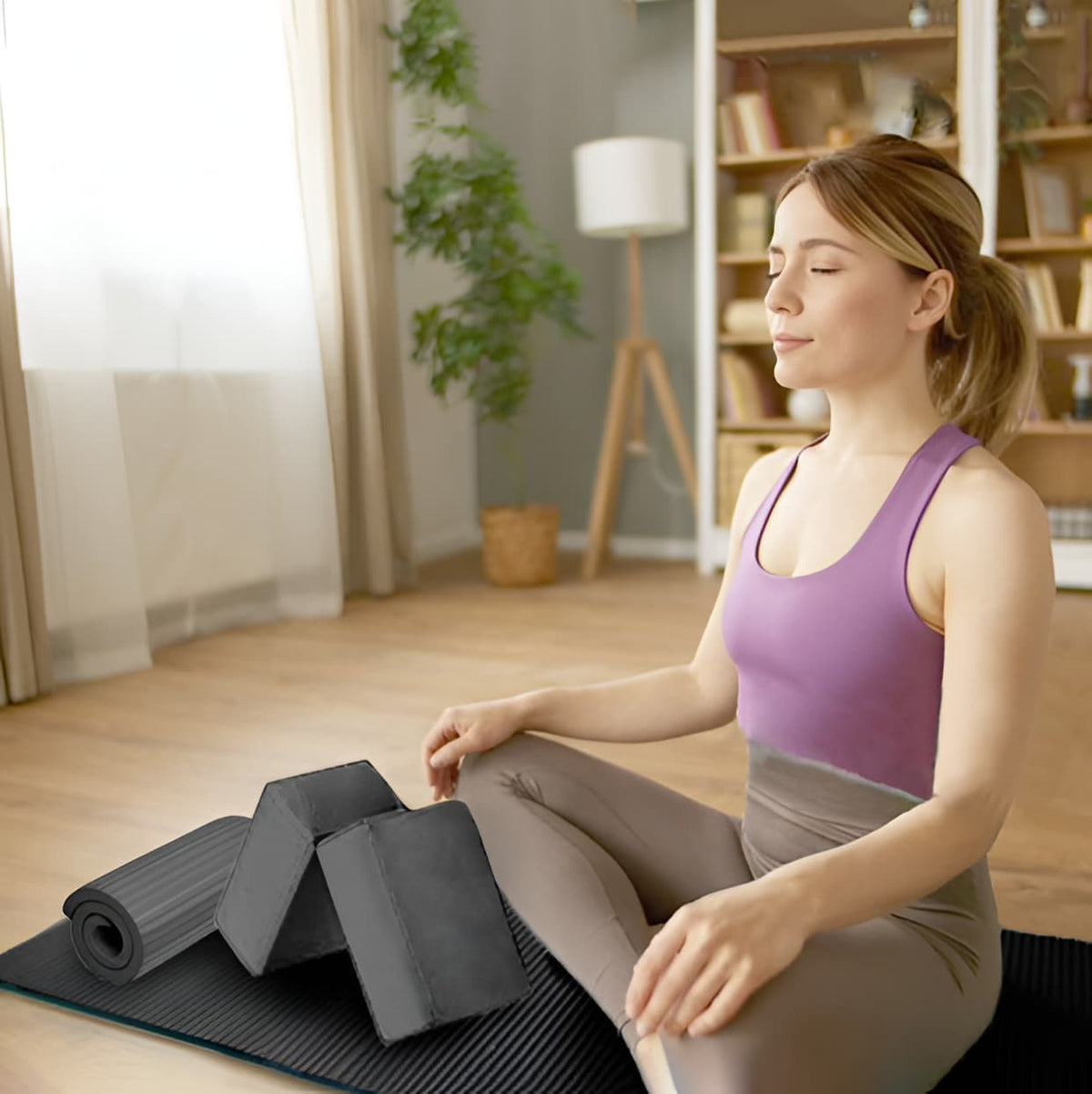 7-Piece Yoga Set with Extra Thick Mat, 2 Blocks, Strap, Towels & Knee Pad