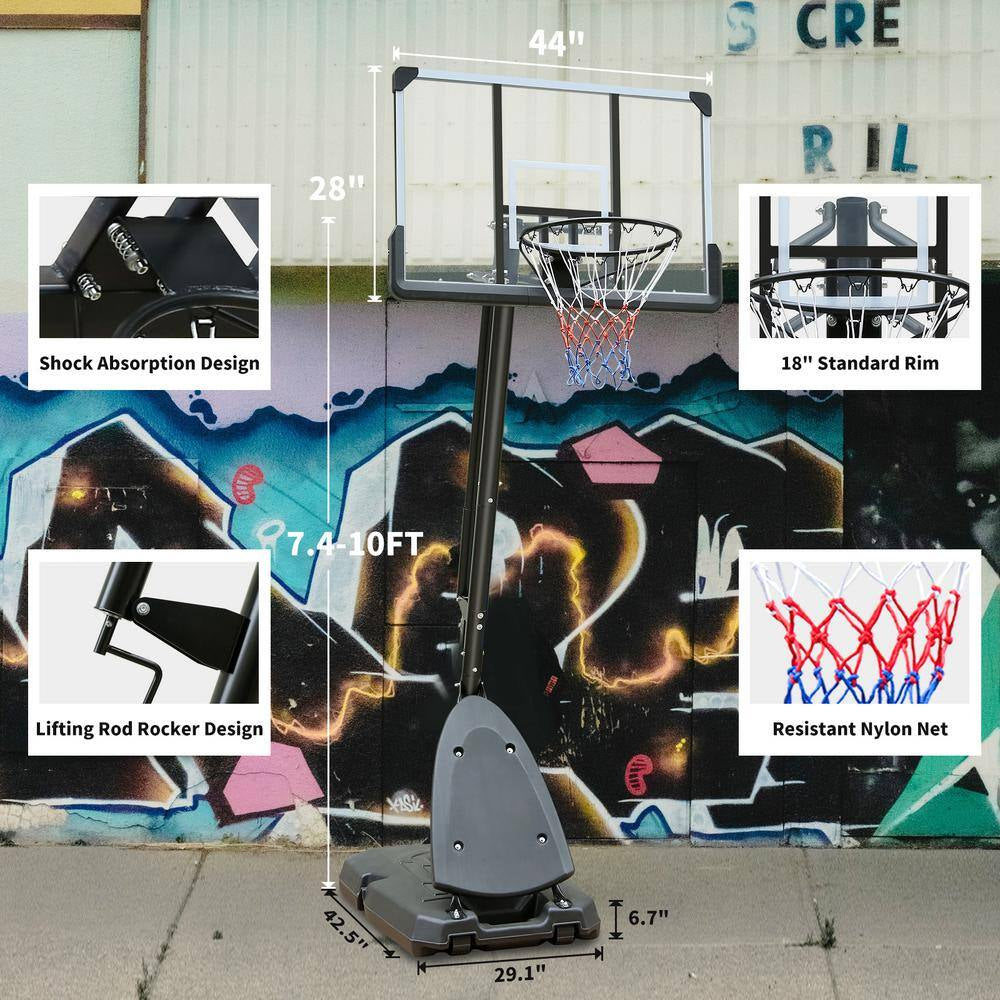 7.5 Ft. to 10 Ft. Height Adjustable Outdoor Basketball Hoop 44 In. Backboard Portable Basketball Goal with Stable Base
