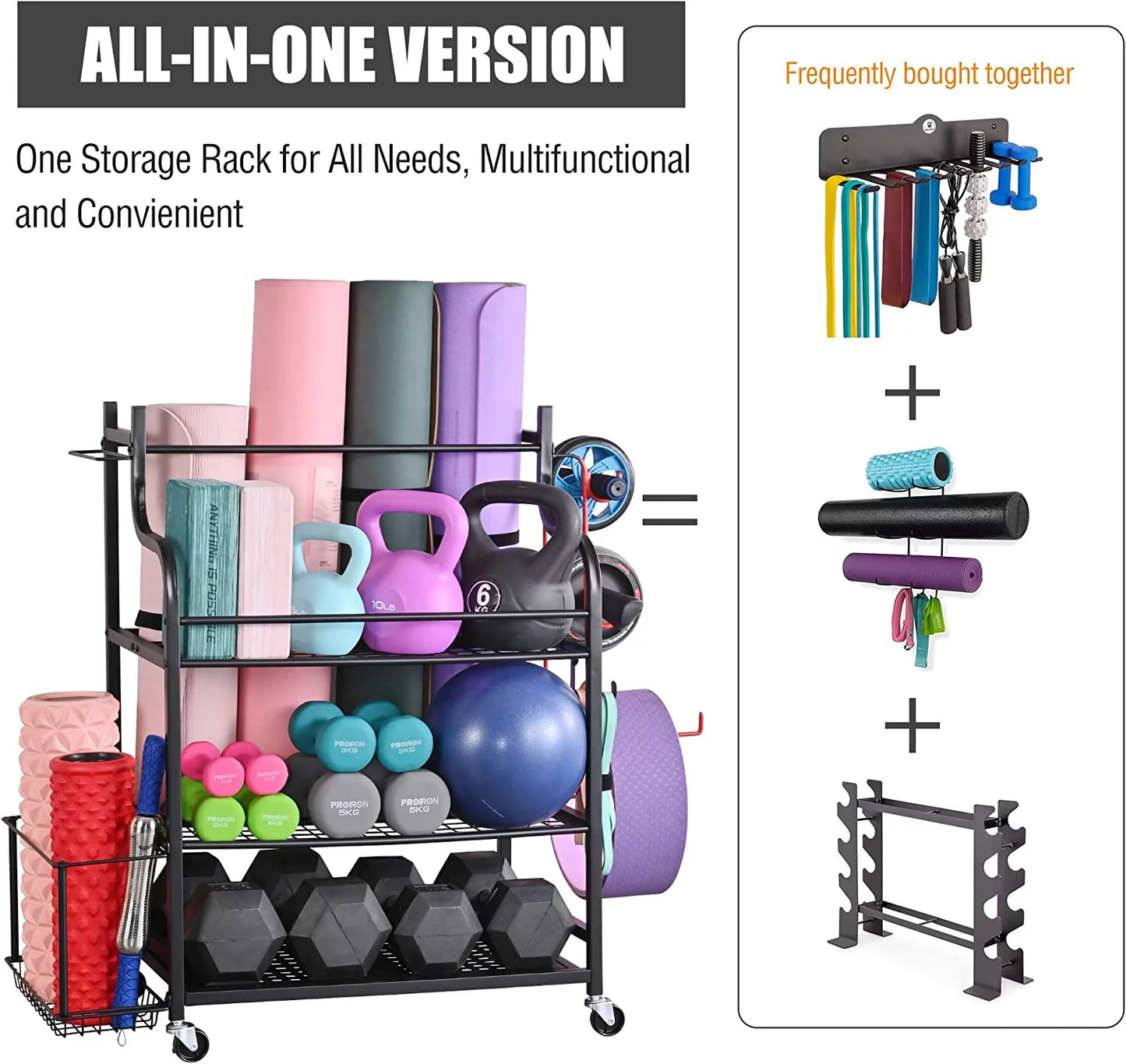 Yoga Mat Storage Racks,Home Gym Storage Rack for Dumbbells Kettlebells Foam Roller, Yoga Strap and Resistance Bands, Workout Equipment Storage Organizer with Hooks and Wheels