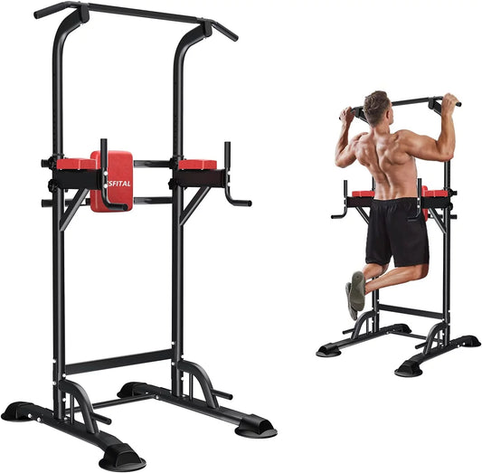 ZENOVA Power Tower Dip Station, Pull up Bar Stand Height Adjustable Strength Training Equipment for Fitness Home Workout, Red/Black