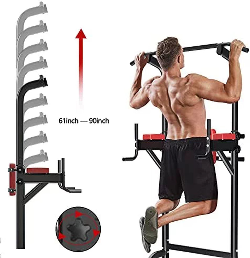 ZENOVA Power Tower Dip Station, Pull up Bar Stand Height Adjustable Strength Training Equipment for Fitness Home Workout, Red/Black