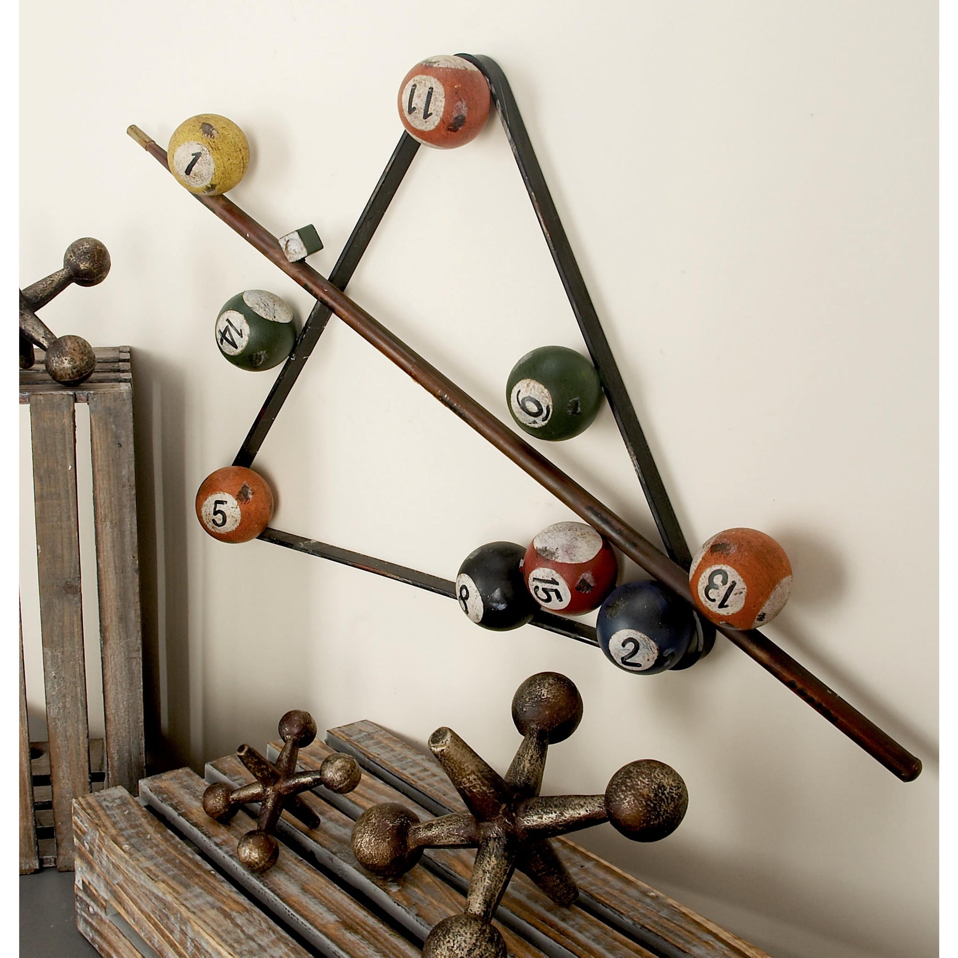 Eclectic Metal Multi Colored Billiard Set with Billiard Balls, Triangle Rack and Cue Stick Wall Décor, 30"W X 15"H