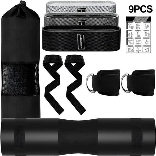 9-Piece Barbell Pad Set - Hip Thrust & Squat Pad with Resistance Bands