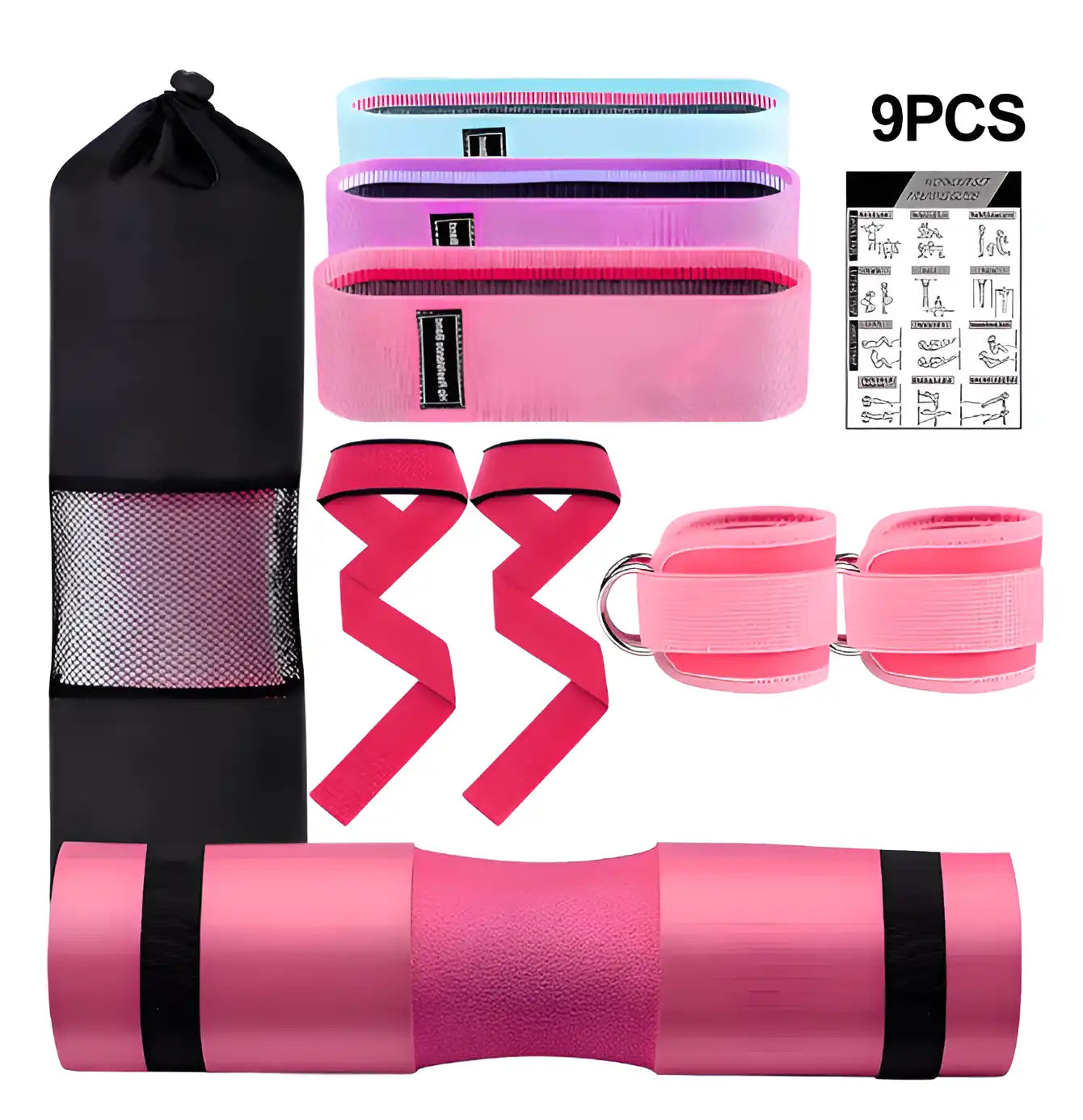 9-Piece Barbell Pad Set - Hip Thrust & Squat Pad with Resistance Bands