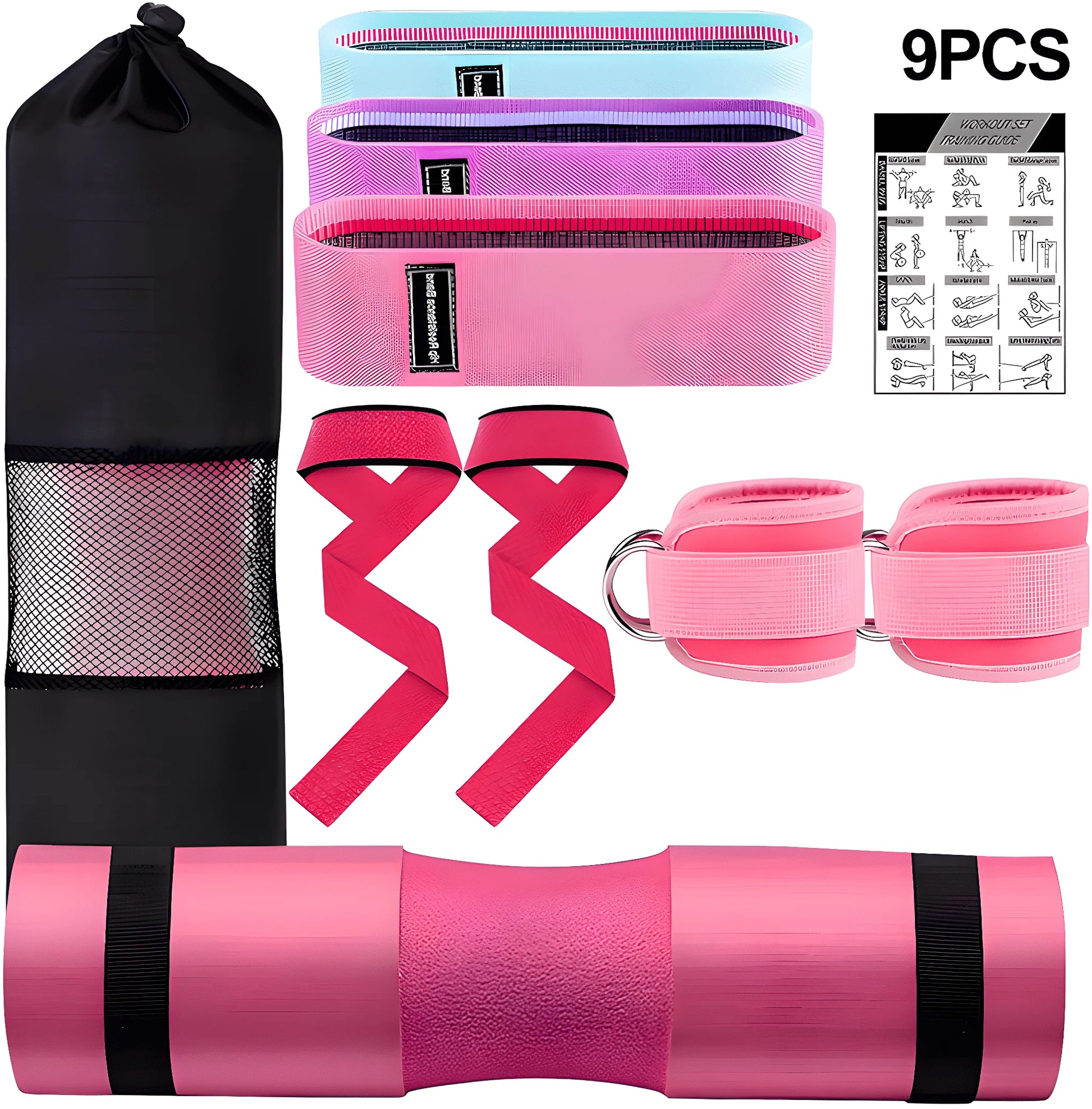 9 Pcs Barbell Pad Set, Barbell Squat Pad for Hip Thrusts, Lunges, Leg Day with 2 Gym Ankle Straps, 3 Hip Resistance Bands, 2 Lifting Strap, Barbell Pad and Carry Bag, Black