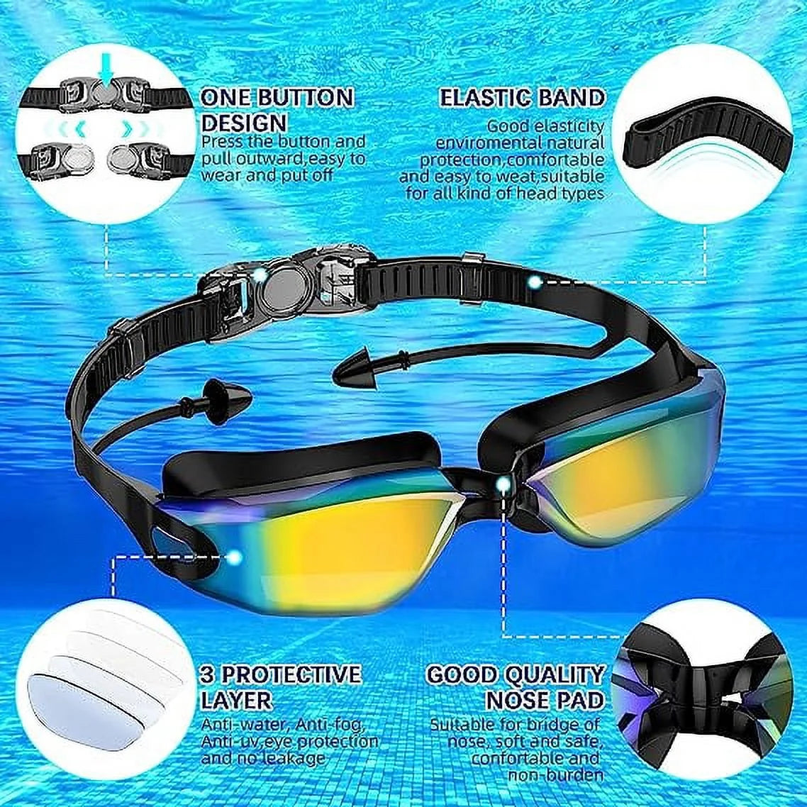 Youth Swim Goggles, Goggle with Nose Cover, Tinted, Anti-Fog Lenses with UV Protection, No Leak Water