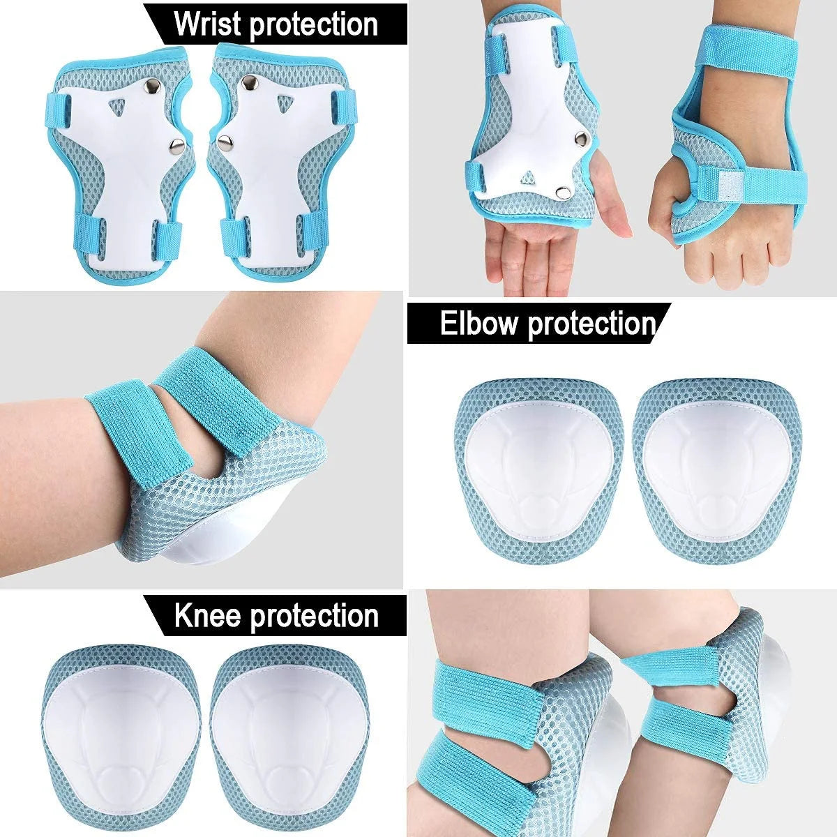 Kids Guards Protective Gear for 3-8 Years Toddlers, Light Blue Knee Pads Elbow Pads with Wrist 3 in 1 Sports Gear Set for Bike, Cycling, Roller Skating, Skateboard